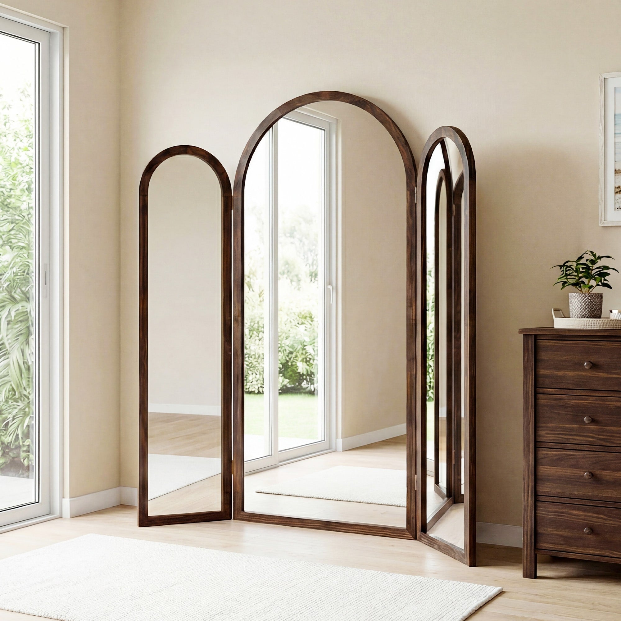 66.5 In. W X 71 In. H Arched Wooden 3 Panel Framed Floor Mirror Standing Mirror 71 X67