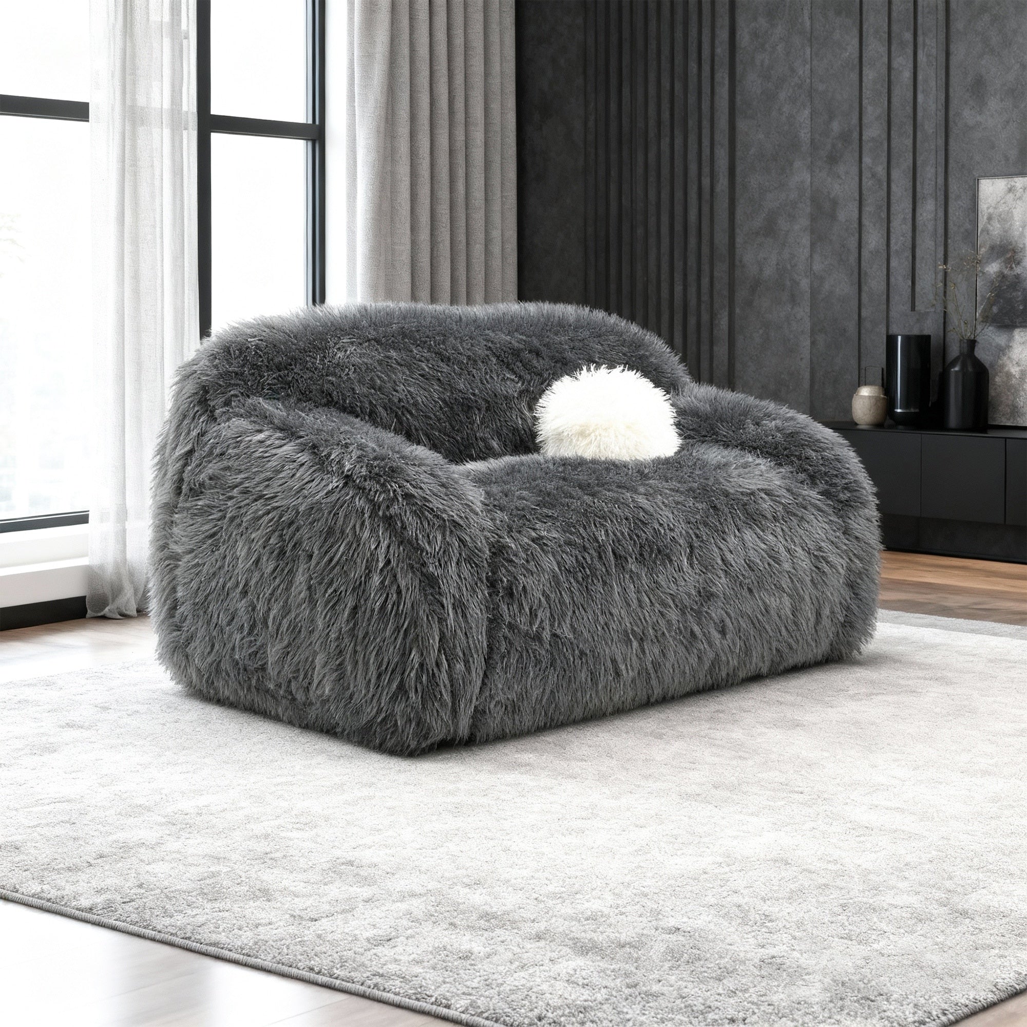 66.5 Modern Long Pile Dark Gray Upholstered Loveseat Sofa With Ball Pillows 66.5 D X 38.8 W X 31.5 H
