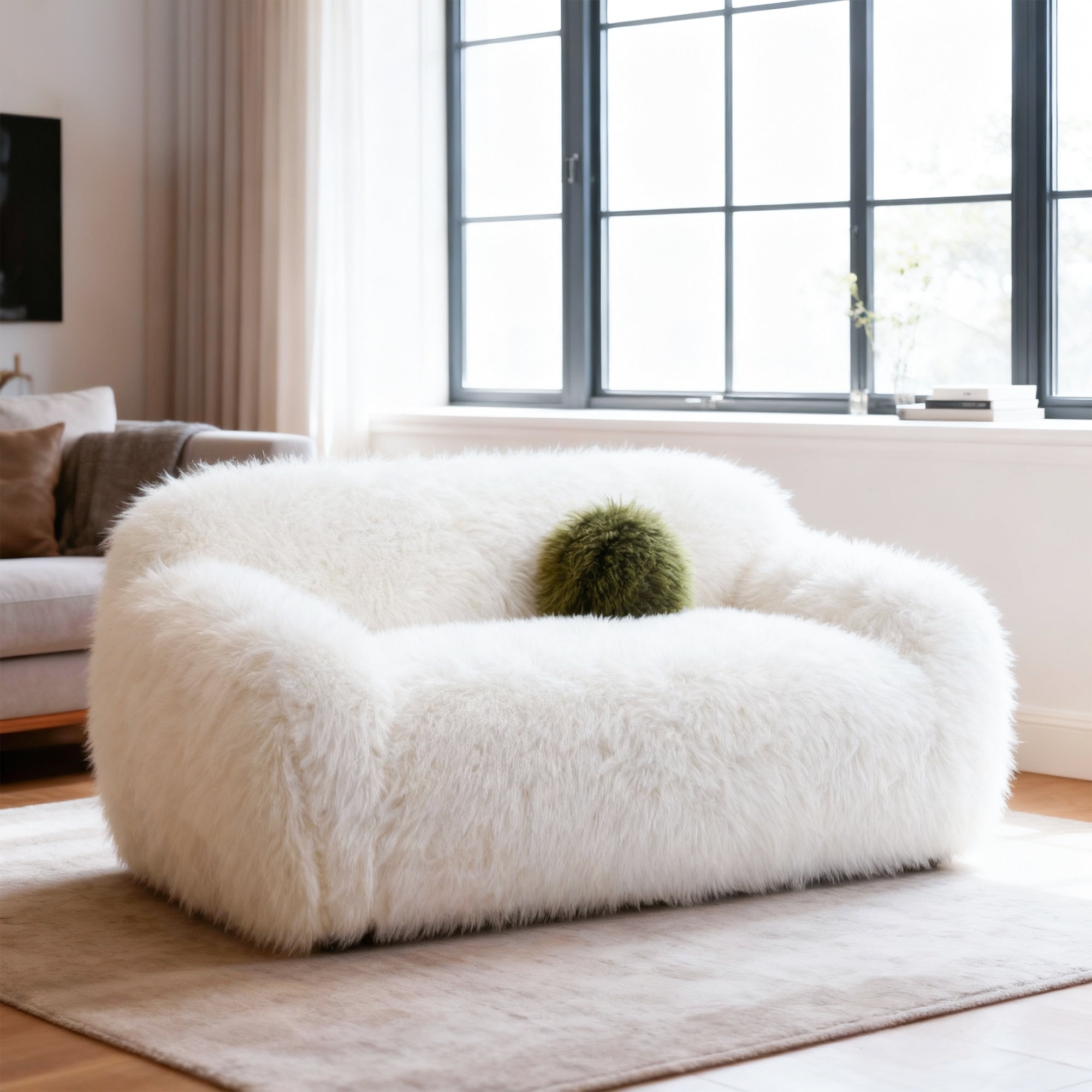 66.5 Modern Long Pile White Upholstered Loveseat Sofa With Ball Pillows 66.5 D X 38.8 W X 31.5 H