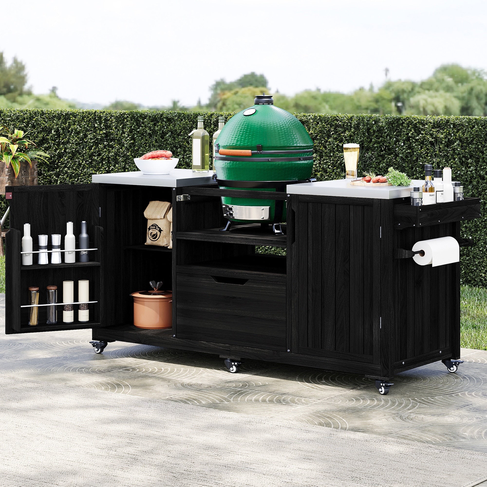 66.5 Solid Wood Outdoor Kitchen Island For Big Green Egg Grills With Stainless Steel Top Drawer