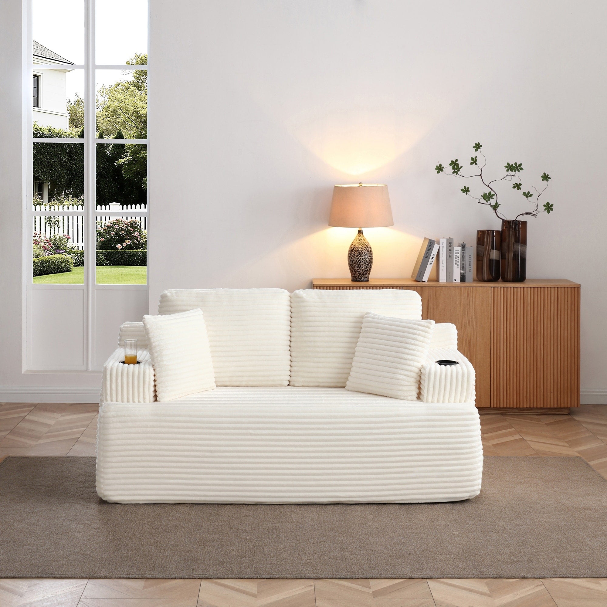 66.5 Beige Boneless Sofa Couch With 2 Pillows 2 Seater Sofa Couch Upholstered Loveseat With Side Pocket