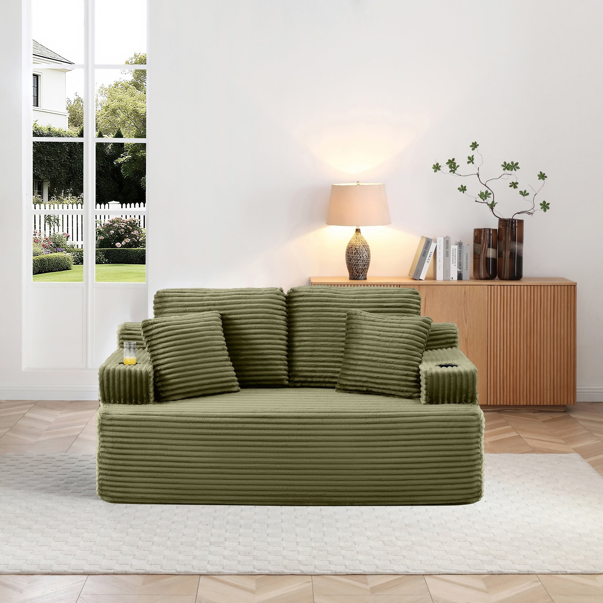 66.5 Boneless Sofa Couch With 2 Pillows 2 Seater Sofa Couch Green Upholstered Loveseat With Side Pocket