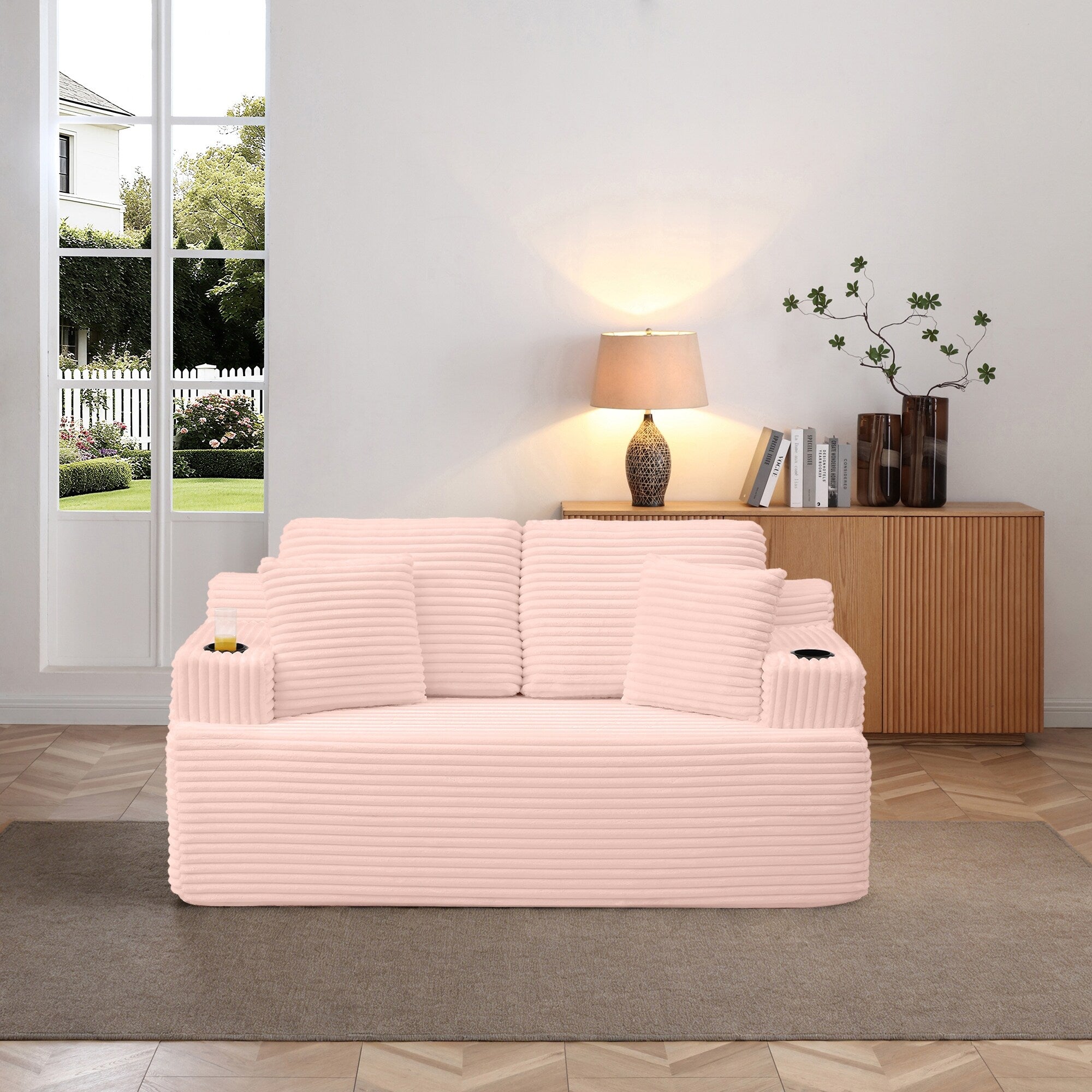 66.5 Boneless Sofa Couch With 2 Pillows 2 Seater Sofa Couch Upholstered Loveseat With Side Pocket Pink