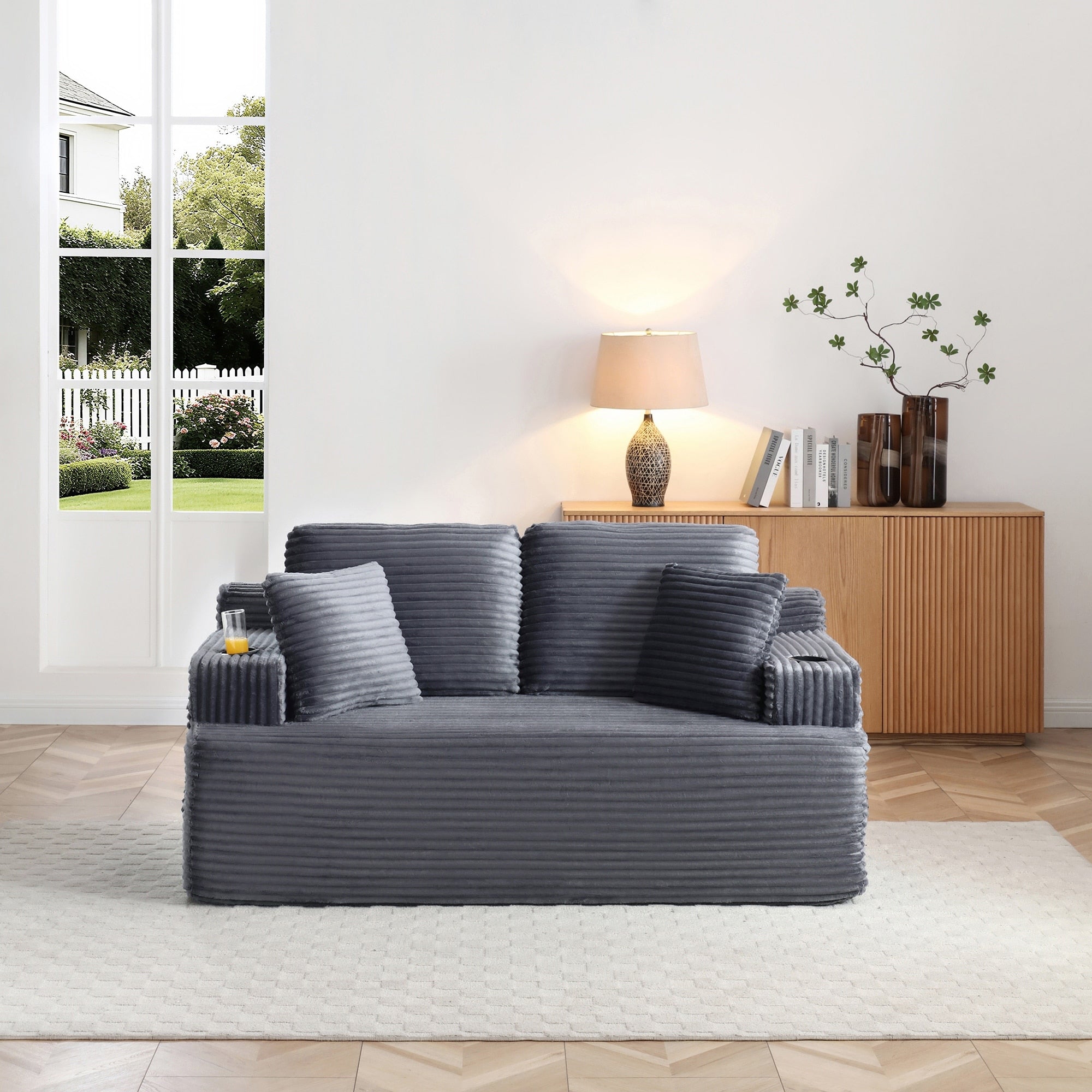 66.5 Boneless Sofa Couch With 2 Pillows Gray 2 Seater Sofa Couch Upholstered Loveseat With Side Pocket