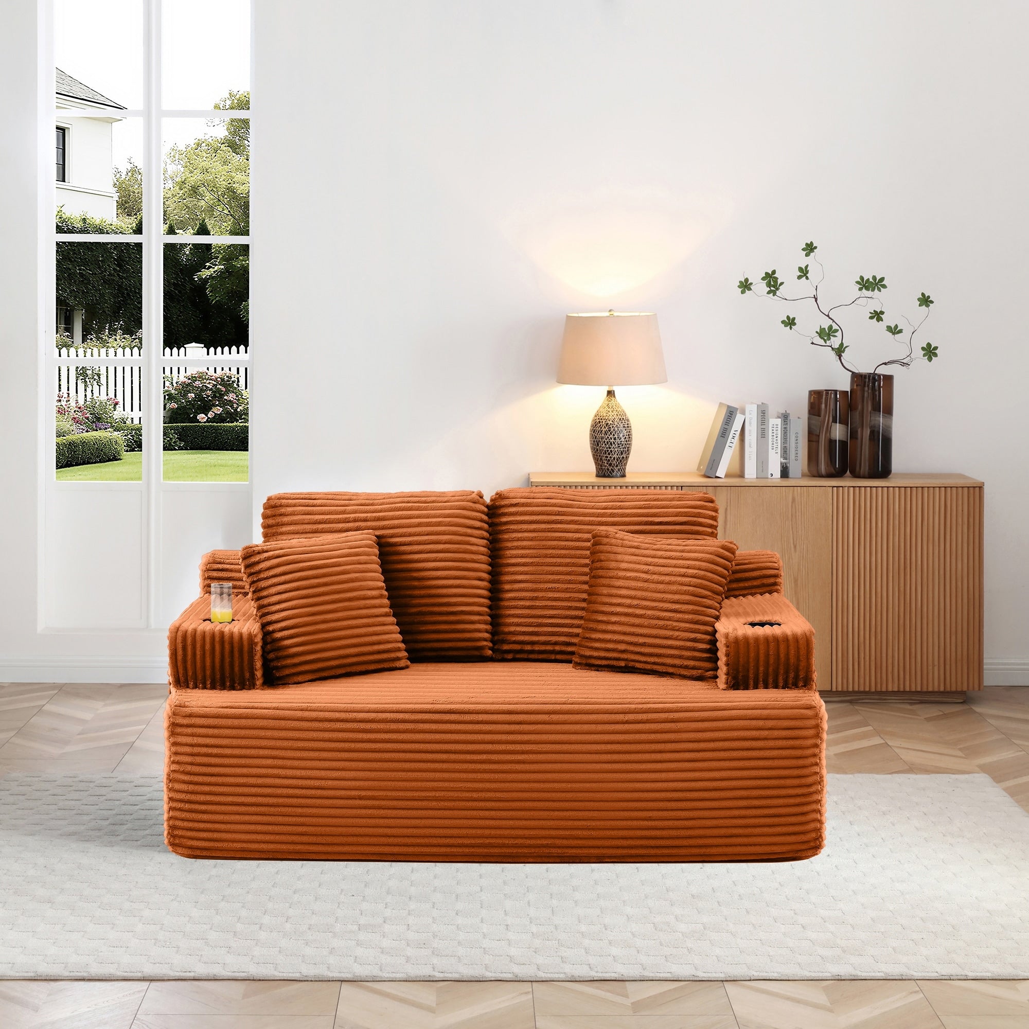 66.5 Boneless Sofa Couch With 2 Pillows Orange 2 Seater Sofa Couch Upholstered Loveseat With Side Pocket