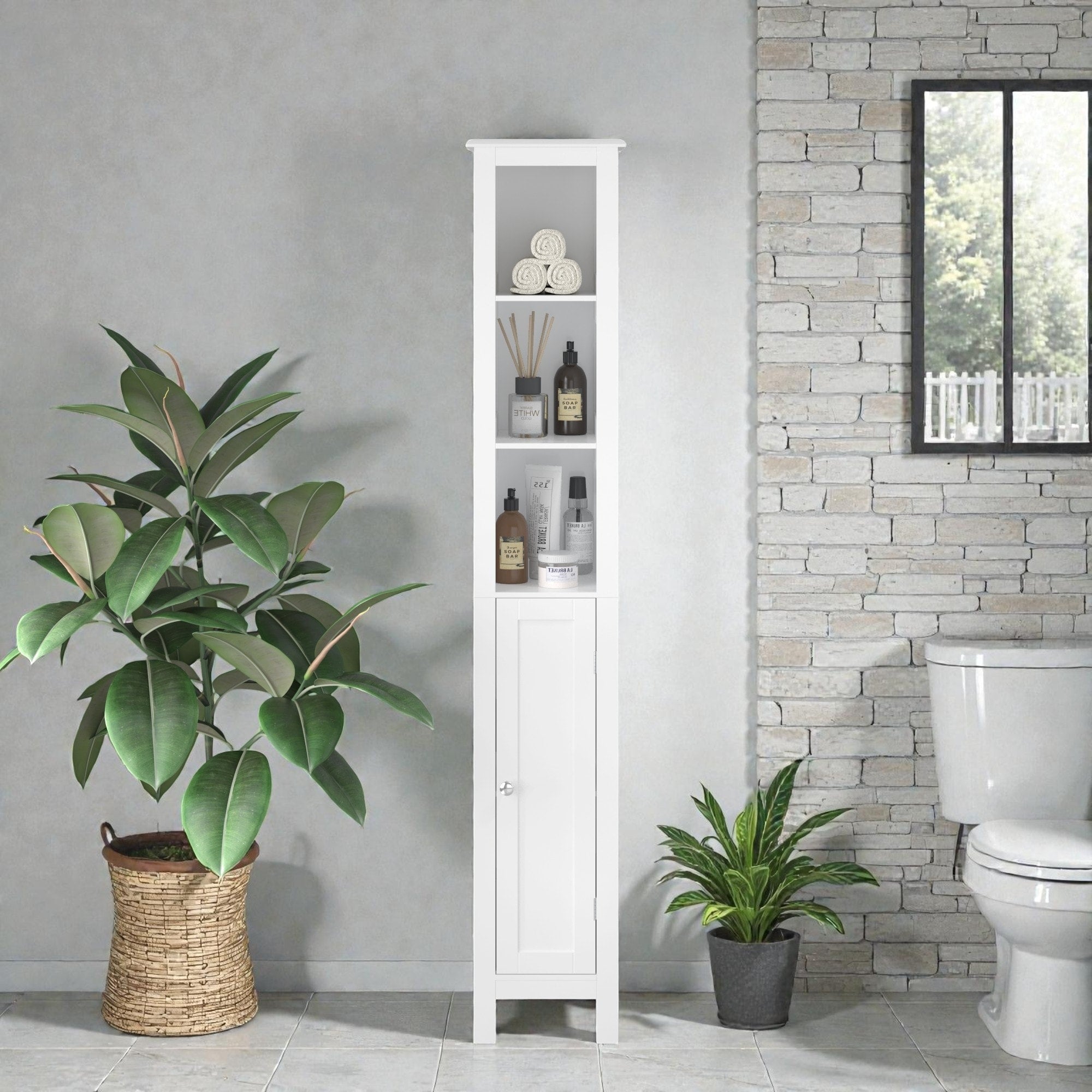66.92 Inch Tall Bathroom Storage Cabinet Slim Freestanding Cabinet With Adjustable Shelves Anti Tip Design White