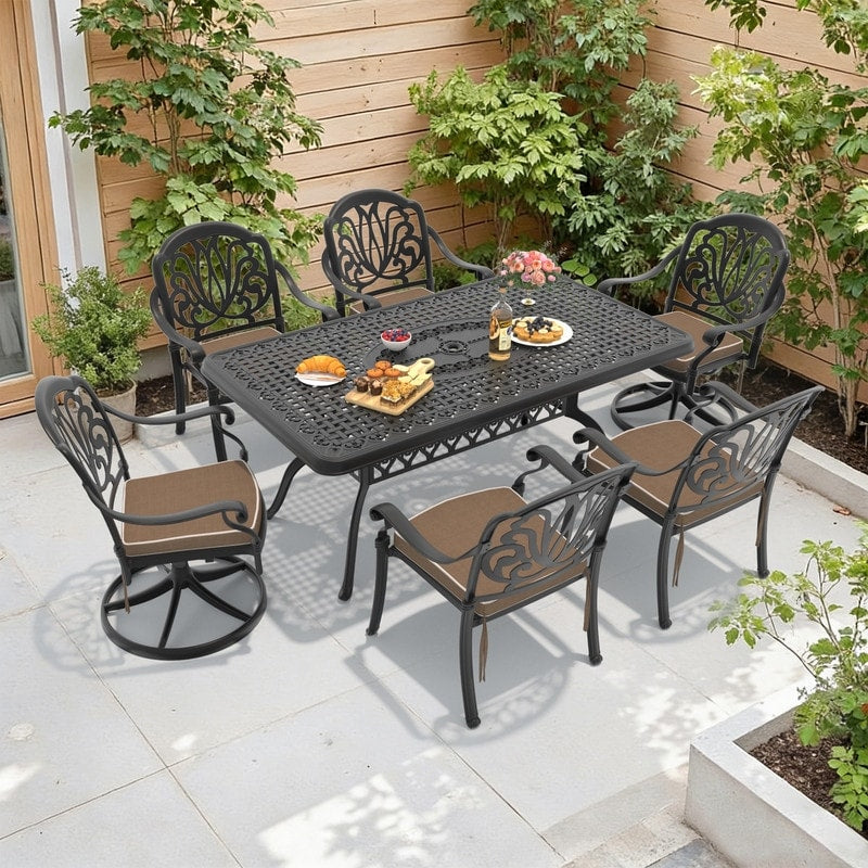 66.93In Black Outdoor Dining Table With 2 Swivel 4 Stackable Chairs Brown Cushions 7 Piece Set