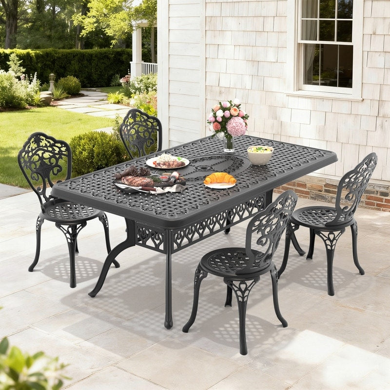 66.93In Rectangle Black Cast Aluminum Outdoor Dining Table With Unbrella Hole 4 Outdoor Dining Chairs Without Cushion