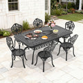66.93In Rectangle Black Cast Aluminum Outdoor Dining Table With Unbrella Hole 6 Outdoor Dining Chairs Without Cushion