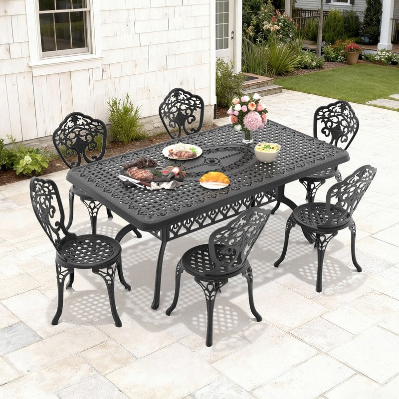 66.93In Rectangle Black Cast Aluminum Outdoor Dining Table With Unbrella Hole 6 Outdoor Dining Chairs Without Cushion