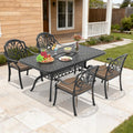 66.93In Reltangle Black Cast Aluminum Outdoor Dining Table With Unbrella Hole 4 Outdoor Chairs With Brown Cushions