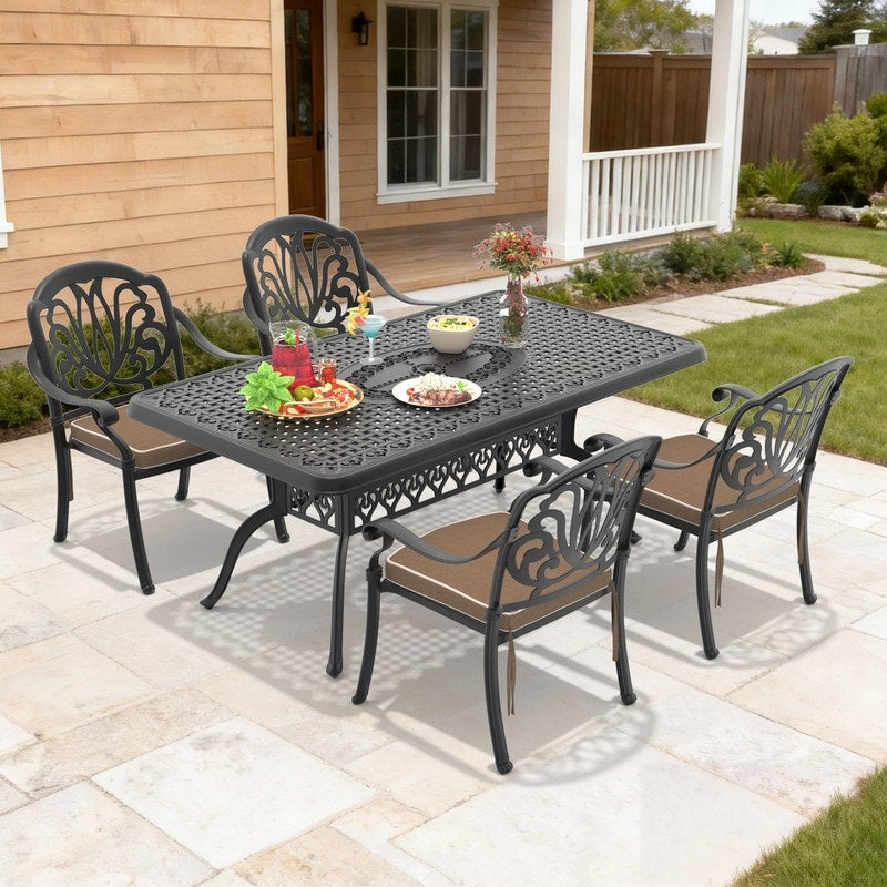 66.93In Reltangle Black Cast Aluminum Outdoor Dining Table With Unbrella Hole 4 Outdoor Chairs With Brown Cushions