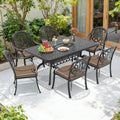 66.93In Reltangle Black Cast Aluminum Outdoor Dining Table With Unbrella Hole 6 Outdoor Chairs With Cushions