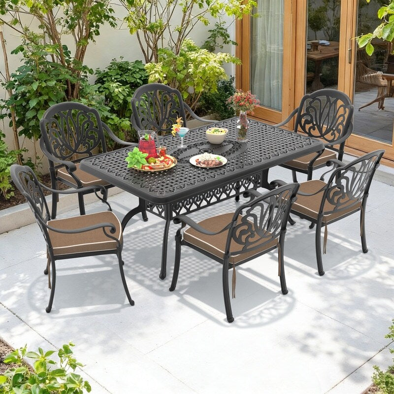 66.93In Reltangle Black Cast Aluminum Outdoor Dining Table With Unbrella Hole 6 Outdoor Chairs With Cushions