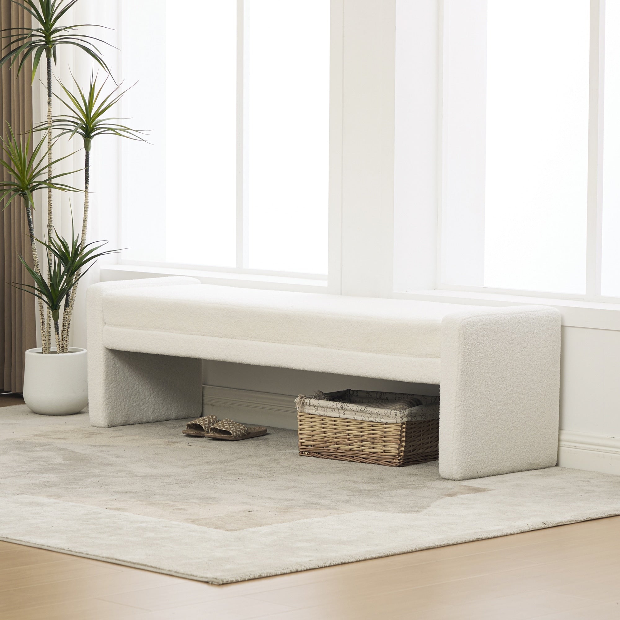 66.9 W Modern Teddy Fabric Bedroom Entryway Bench With Upholstered Legs