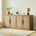67 Inch Rattan Sideboard Buffet Cabinet 4 Door Credenza With Storage Boho Wood Console Cabinet Caramel Finish