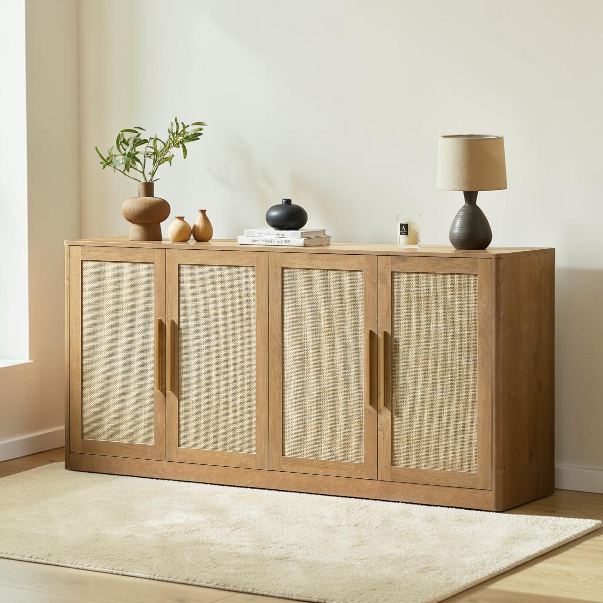 67 Inch Rattan Sideboard Buffet Cabinet 4 Door Credenza With Storage Boho Wood Console Cabinet Caramel Finish
