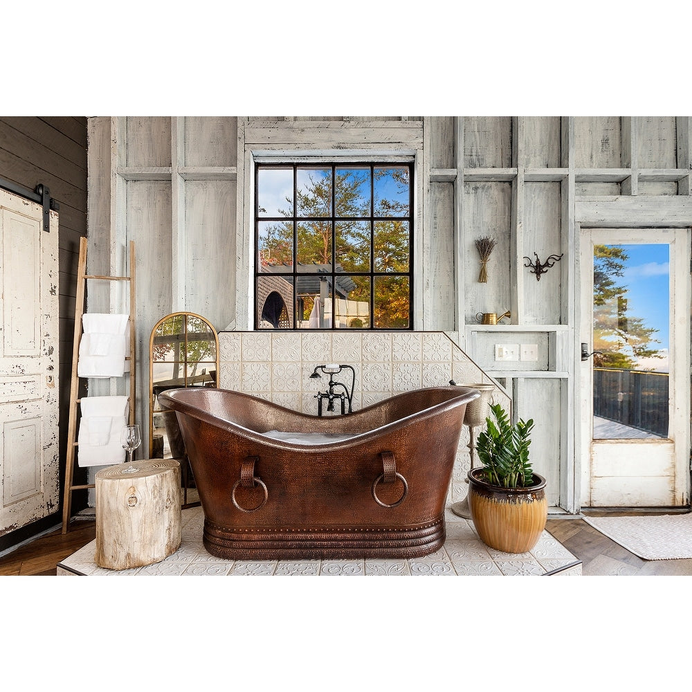 Premier Copper Products 67 Inch Hammered Copper Double Slipper Bathtub With Rings