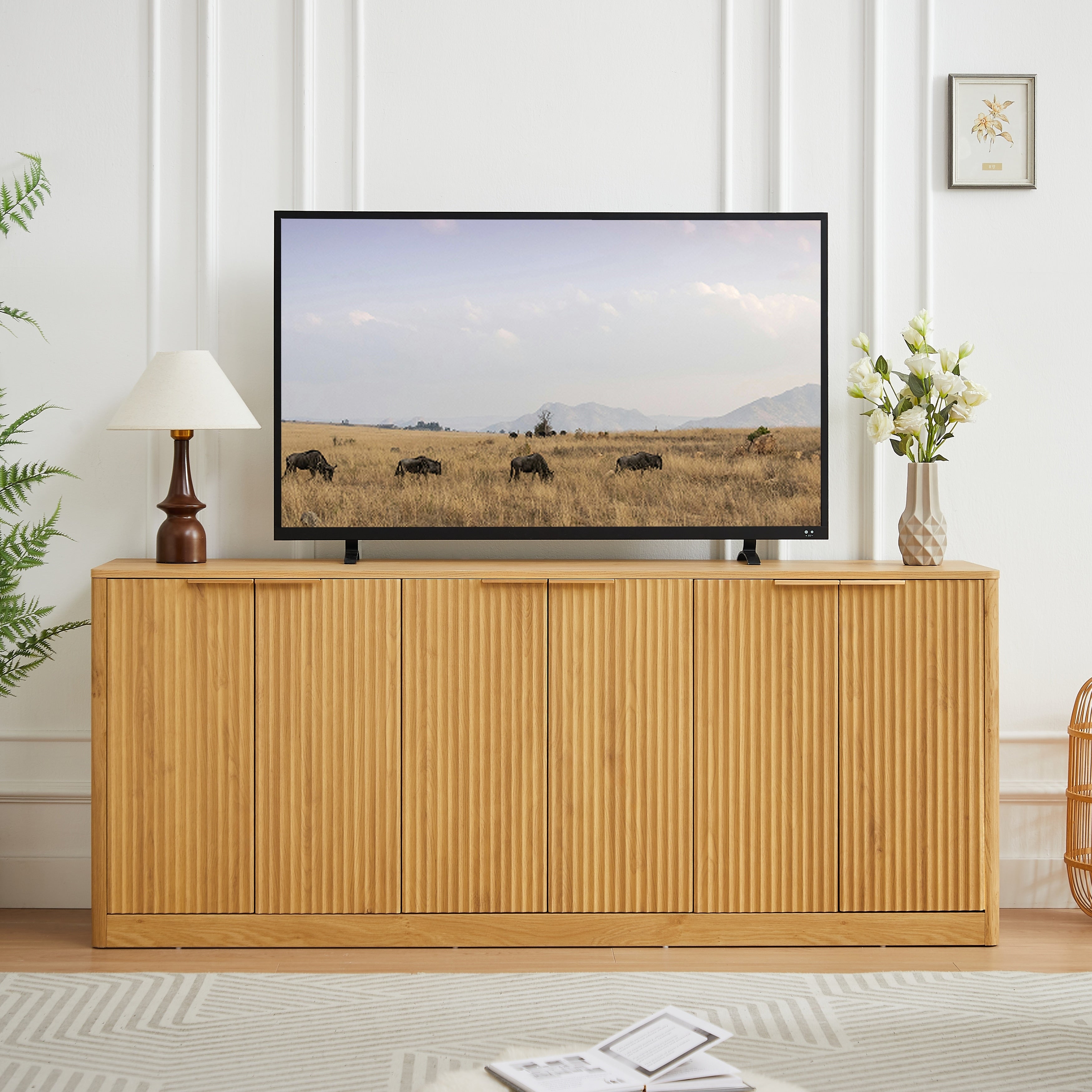 67 Inch Modern Wavy Sideboard Curved Contour Design Storage Cabinet 6 Door Cabinet With Storage Function Suitable For Kitchen