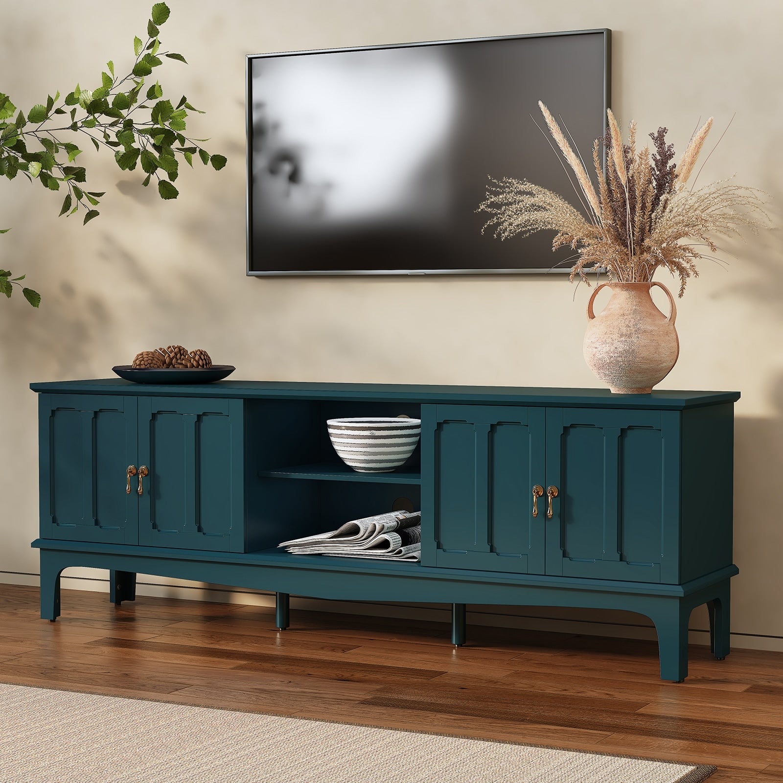 67 Mid Century Modern Tv Stand With Storage Cabinets Open Shelves