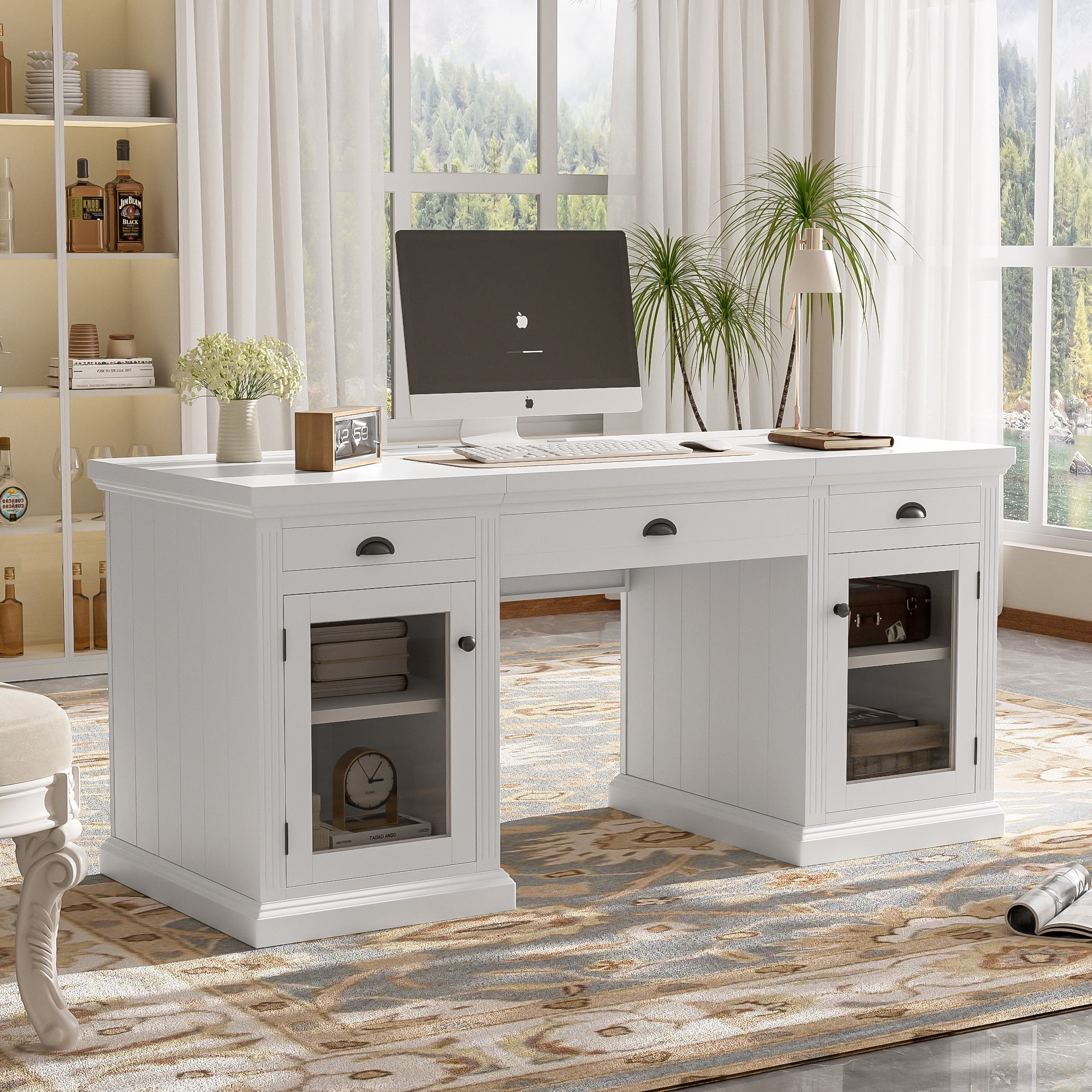 67 Modern Executive Desk Computer Desk With 2 Glass Doors Storage Cabinet And 3 Drawers
