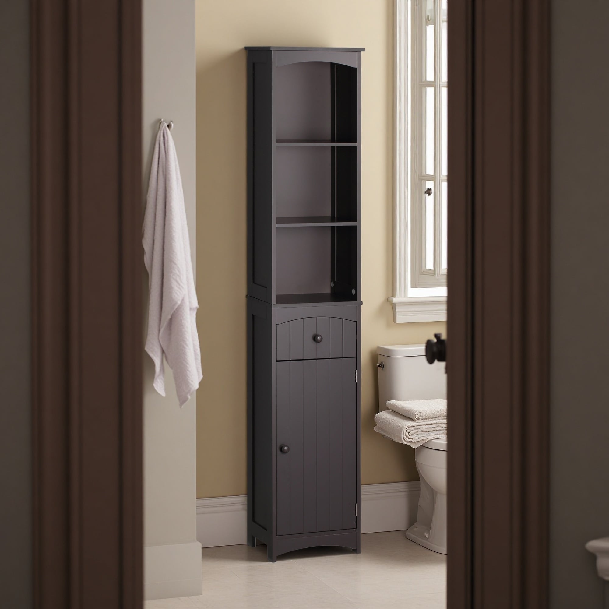 67 H Tall Bathroom Storage Cabinet Freestanding Linen Tower With 3 Tier Shelves Drawer Elevated Base Mdf Frame