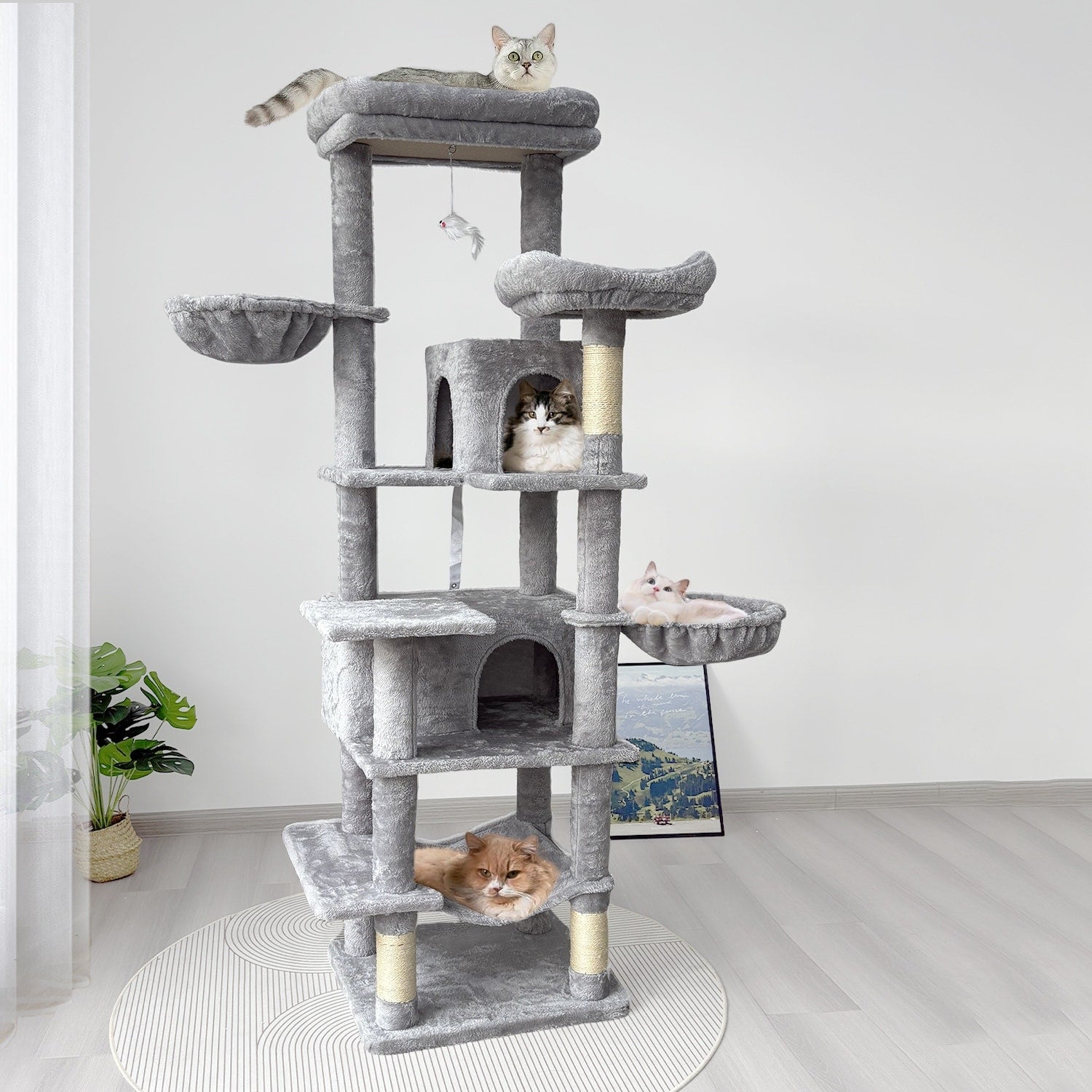 68 In Tall Multi Level Green Cat Tree With Hammocks Hanging Basket Cat Cave Removeable Cushion Scratching Posts