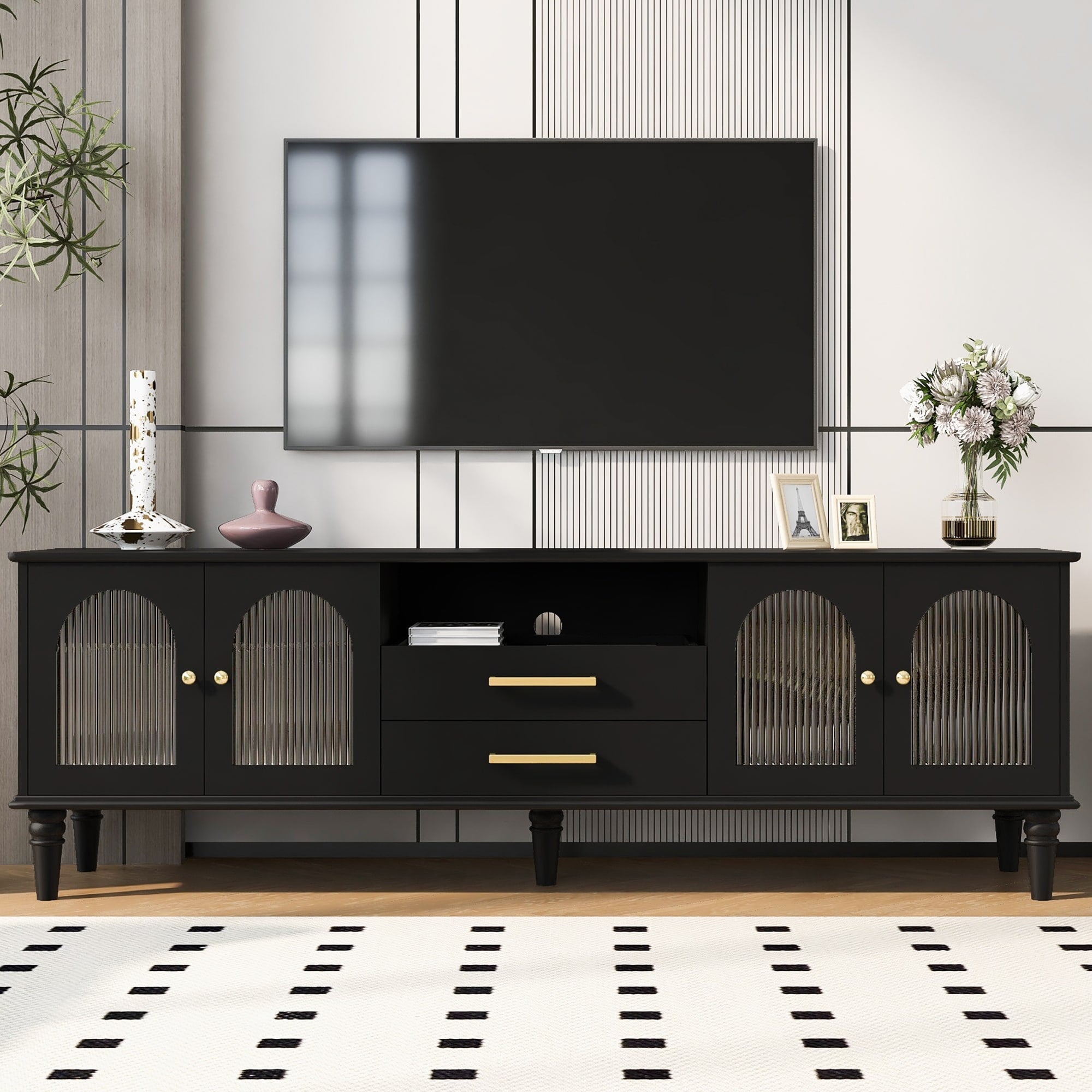 68.9 Tv Stand For Tvs Up To 75 Inches Entertainment Center Media Console With Fluted Glass Doors And Five Solid Wood Legs