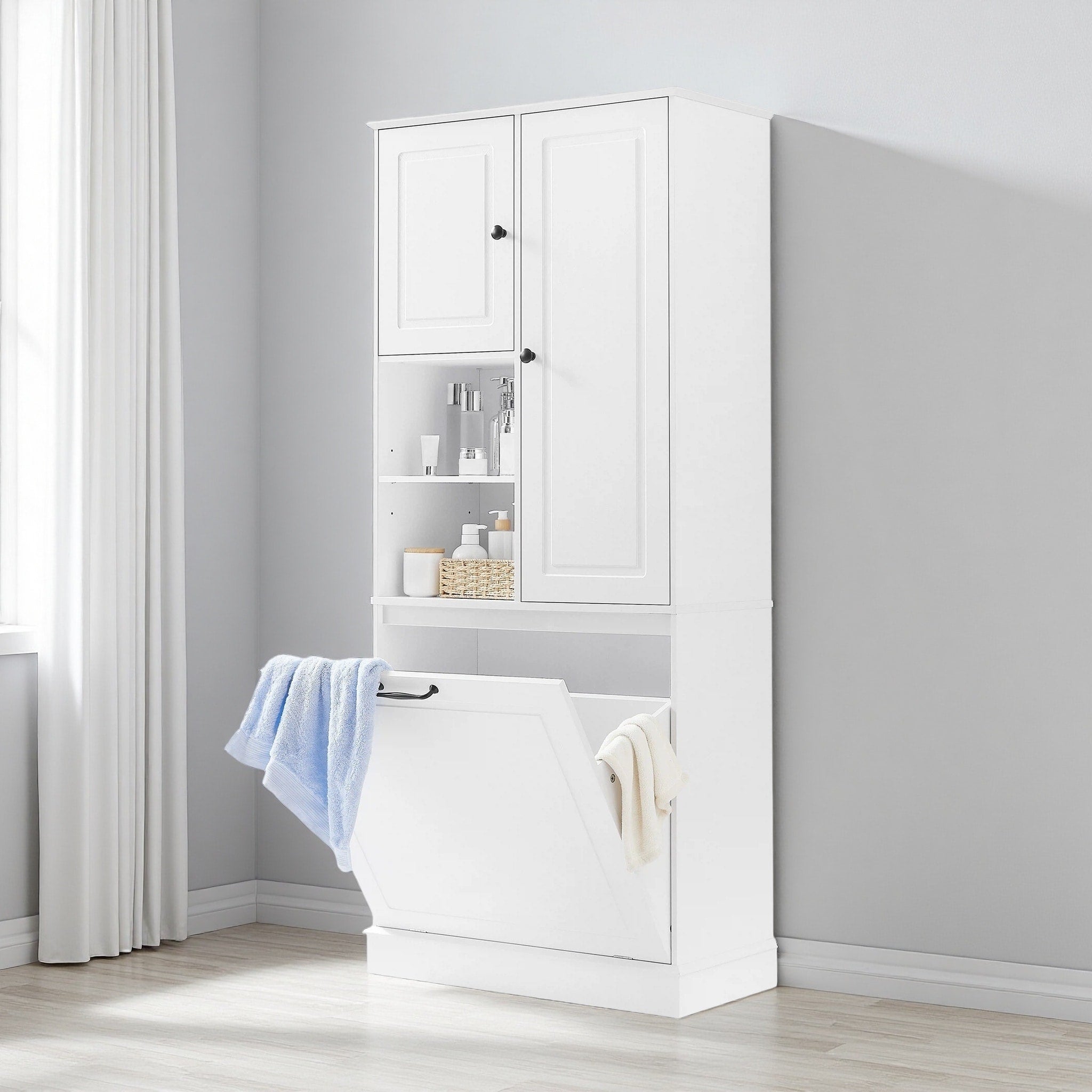 68 Tall Storage Cabinet With Adjustable Shelves Large Flip Out Basket Enclosed Cabinets Perfect For Bathroom Living Room