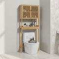 68 H Bamboo Over The Toilet Storage Cabinet Over Toilet Bathroom Organizer With Slatted Doors Adjustable Shelf And Open Shelf