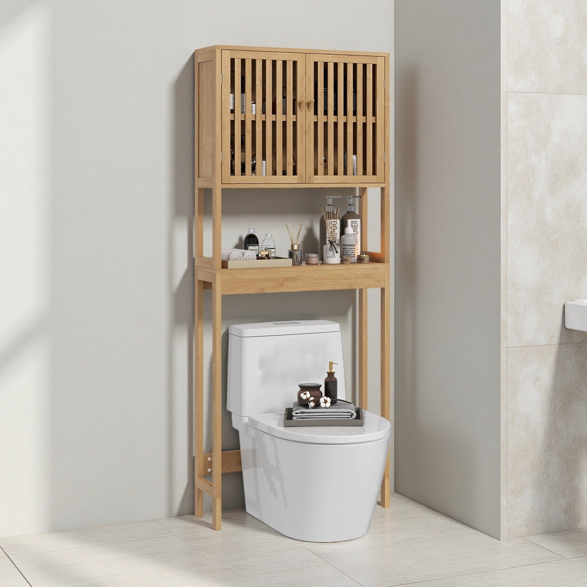 68 H Bamboo Over The Toilet Storage Cabinet Over Toilet Bathroom Organizer With Slatted Doors Adjustable Shelf And Open Shelf