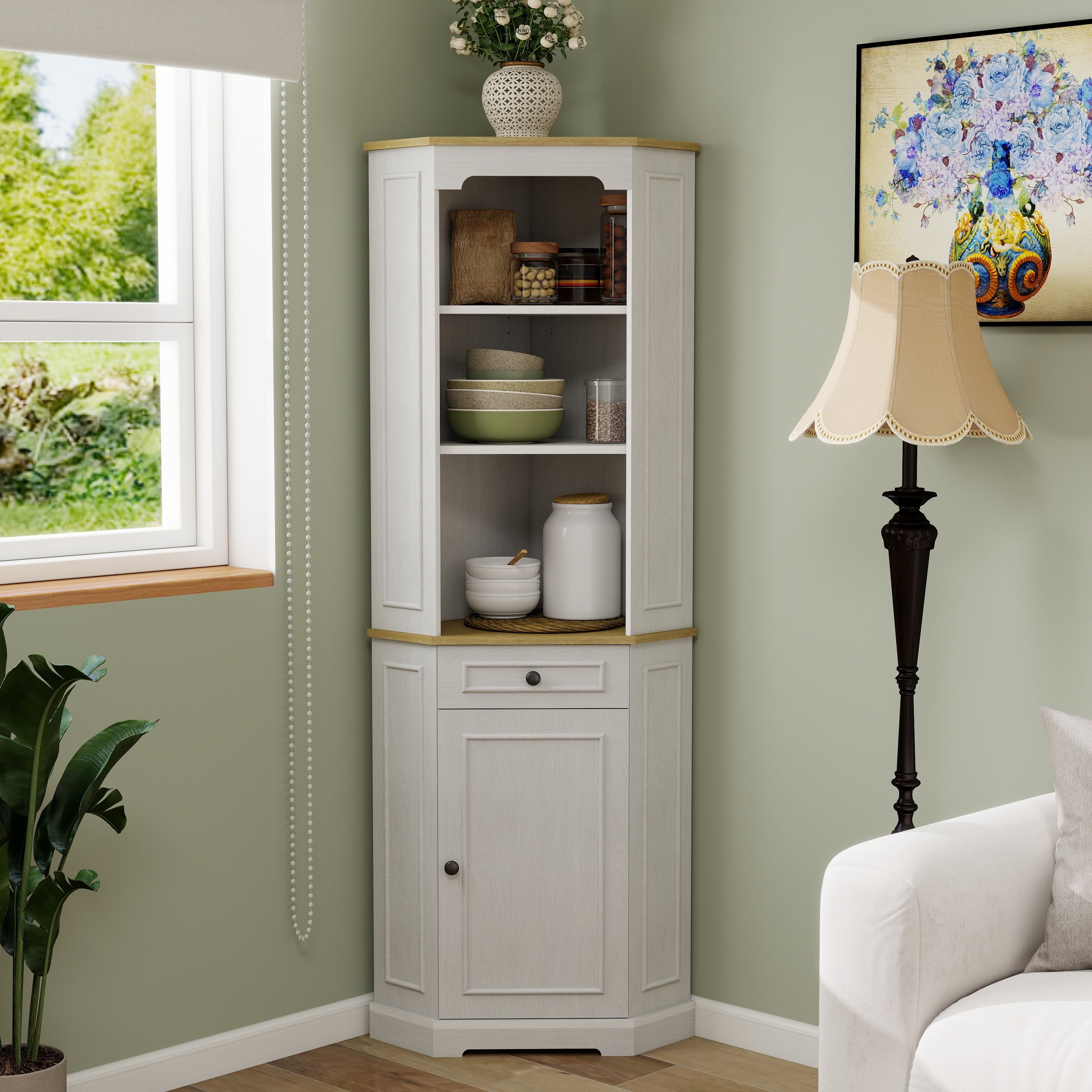 68 H Corner Cabinet Freestanding Corner Storage Cabinet With 1 Door 1 Drawer And A Adjustable Shelf Farmhouse Storage Cabinet