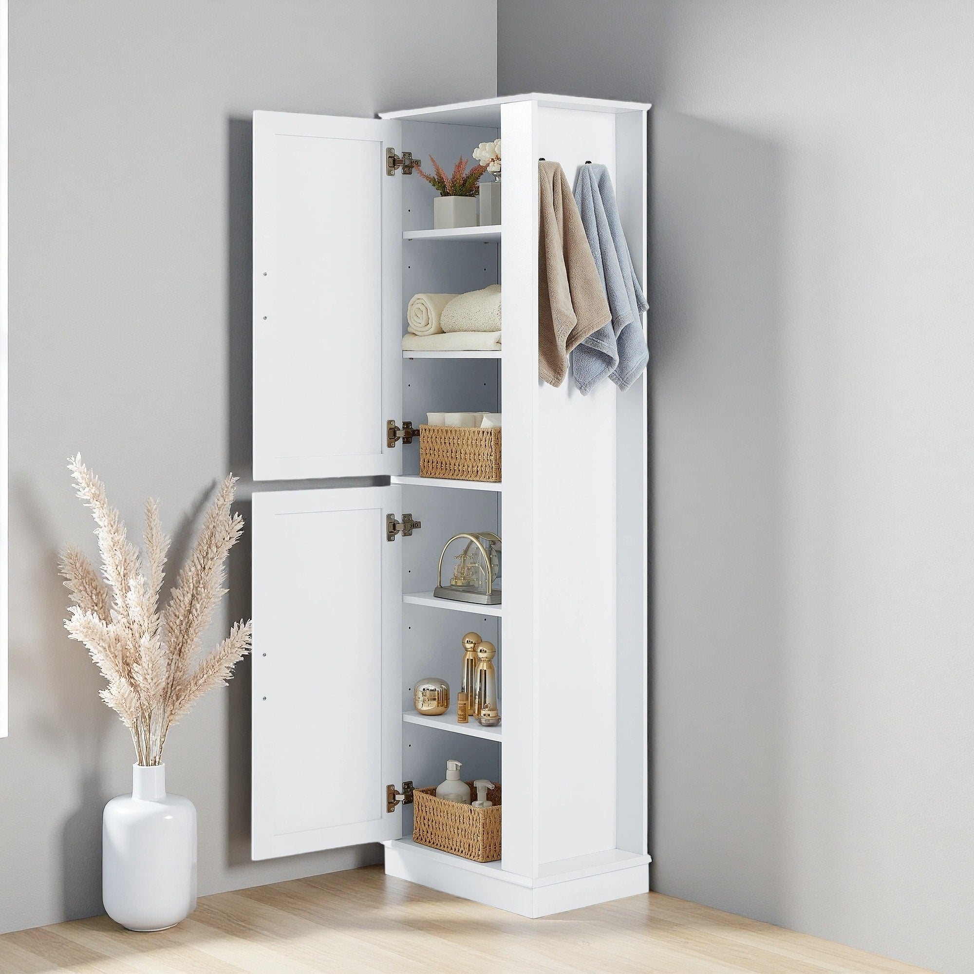 68 H Tall Bathroom Storage Cabinet Freestanding Storage Cabinet With Hook And Adjustable Shelf Mdf Board