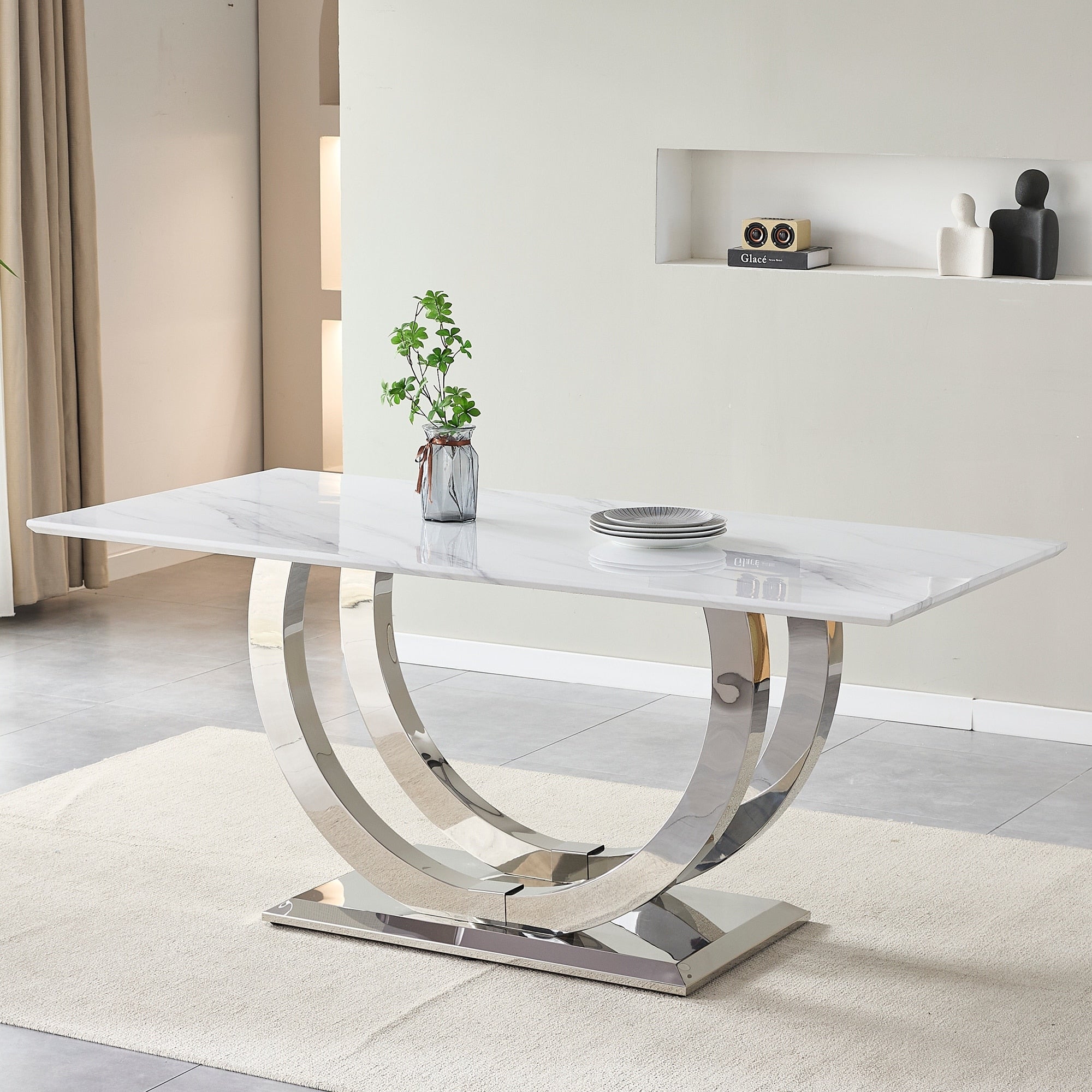 69.30 Inch Rectangular Dining Table Modern Simple Marble Tabletop Mdf Tabletop Suitable For 4 6 People Silver White