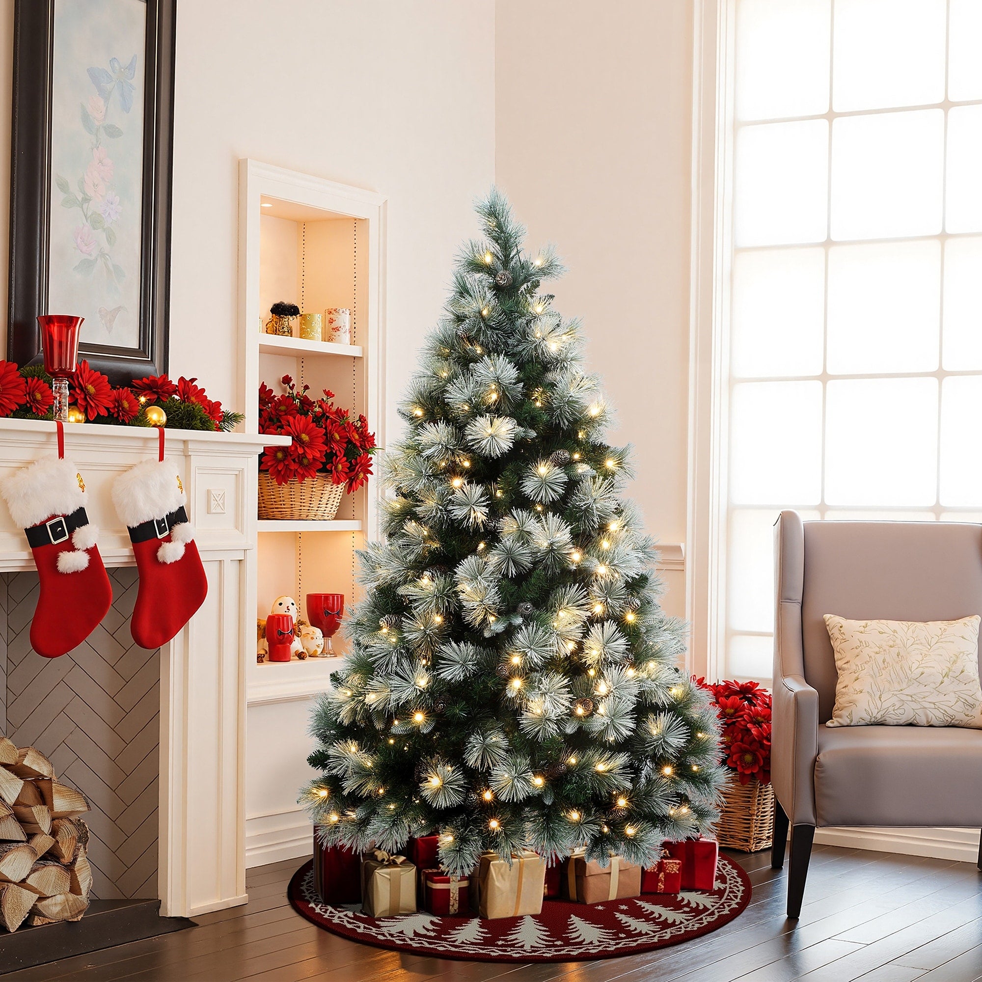 6Ft Pre Lit Flocked Artificial Pine Christmas Tree With Pinecone Decoration 70.8 H X 48 Diameter
