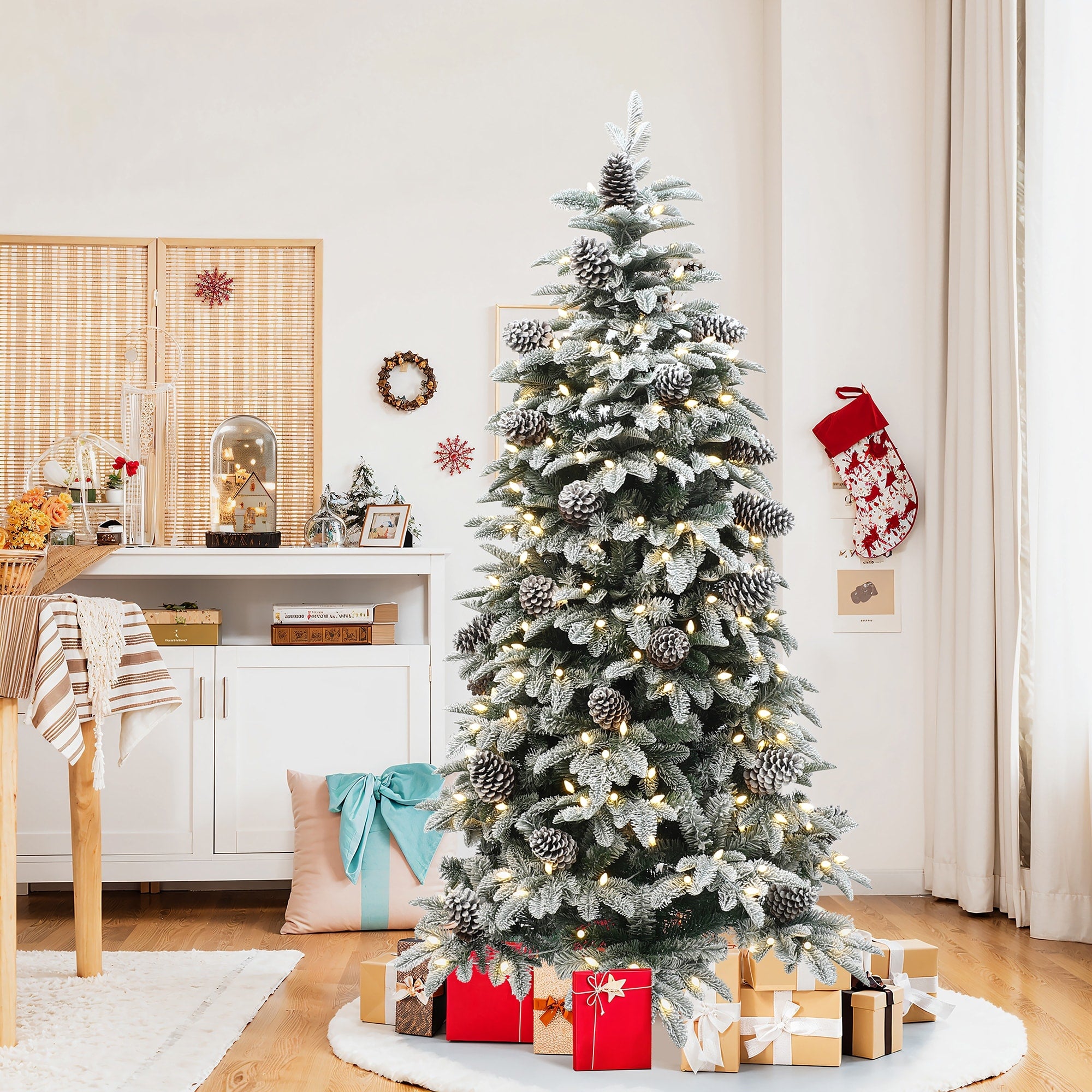 6Ft Pre Lit Flocked Artificial Pine Christmas Tree With Pinecones And Stand 72 H X 42 Diameter