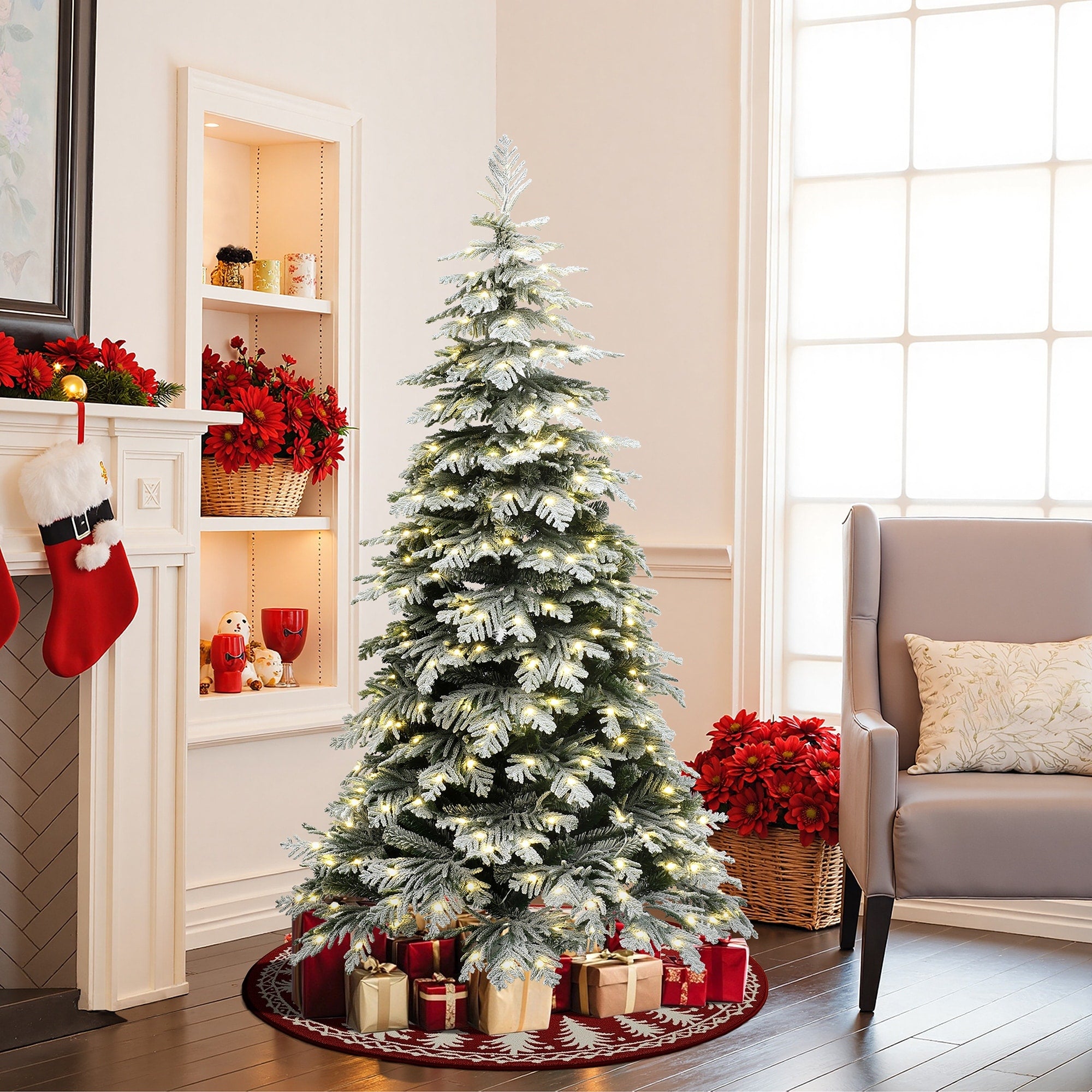 6Ft Pre Lit Flocked Artificial Spruce Christmas Tree With Metal Stand 72 H X 48 Diameter