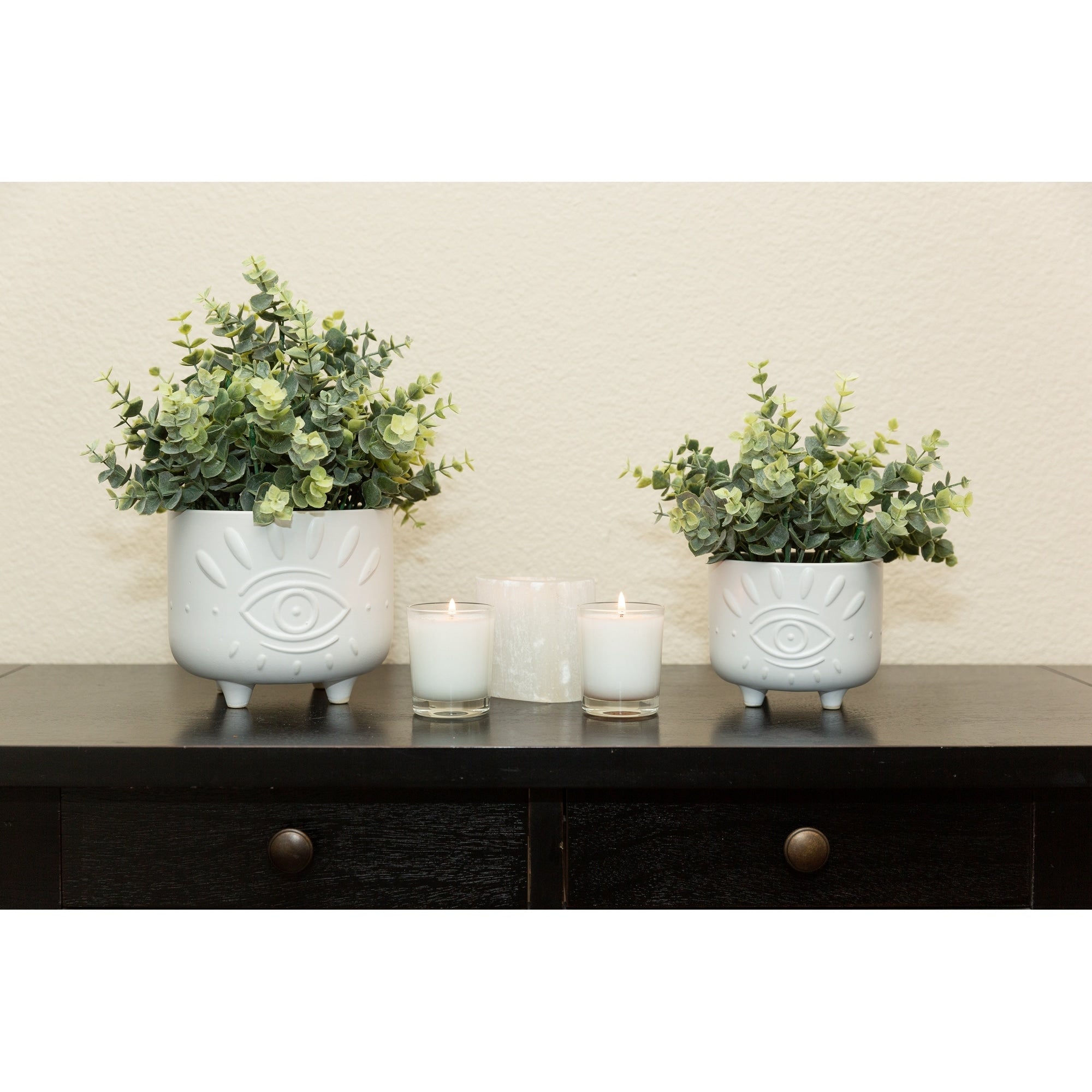 6In 4.75In Evil Eye Ceramic Footed Planter Set Of 2 Matte White