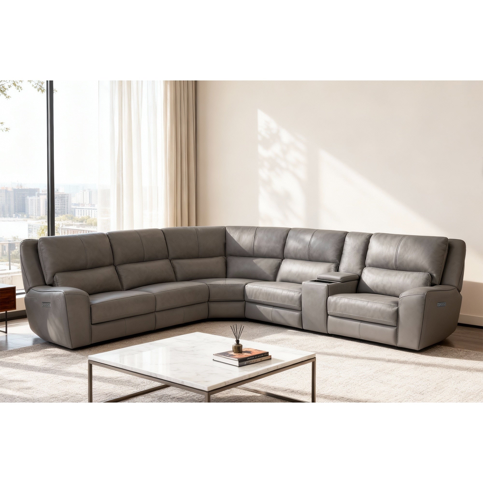 6Pcs 3 Power Recliners Leather Reclining Sectional With Wireless Charge Pop Out Cup Holders