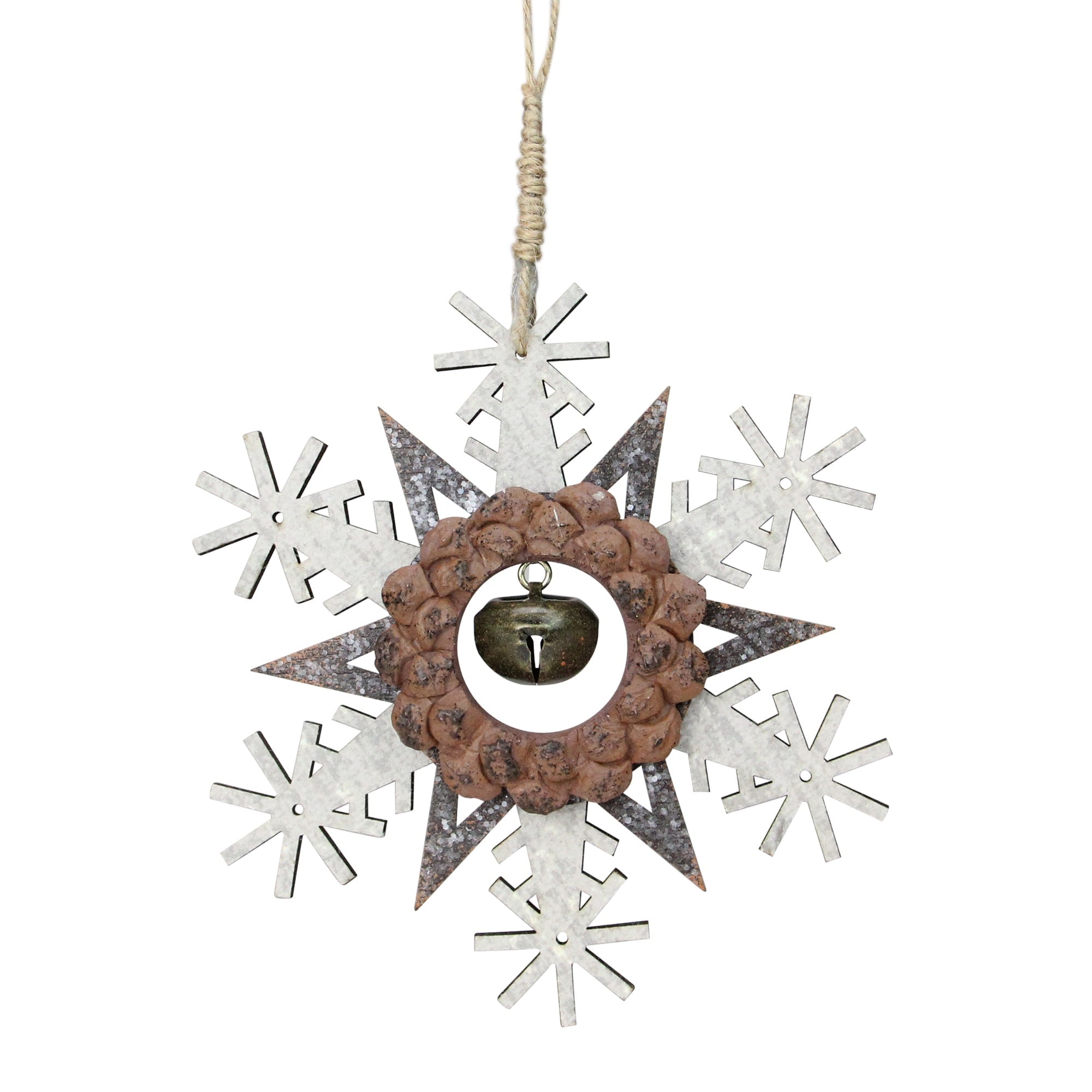 6 Brown Wooden Snowflake Christmas Ornament With A Country Rustic Bell