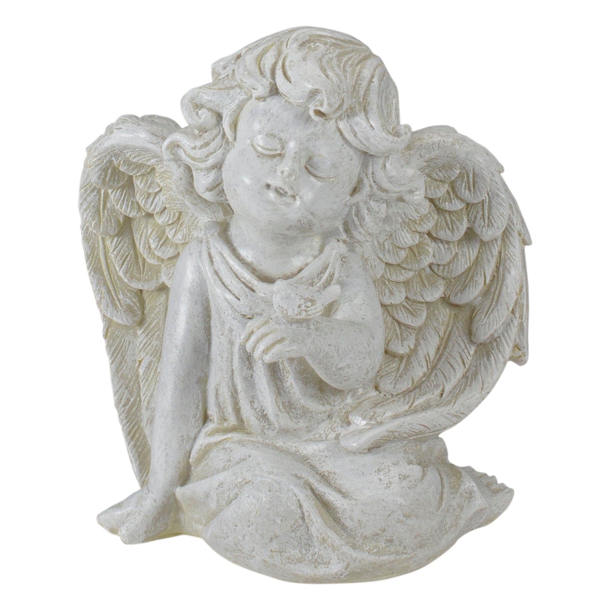 6.5 Ivory Sitting Cherub Angel With Bird Outdoor Patio Garden Statue