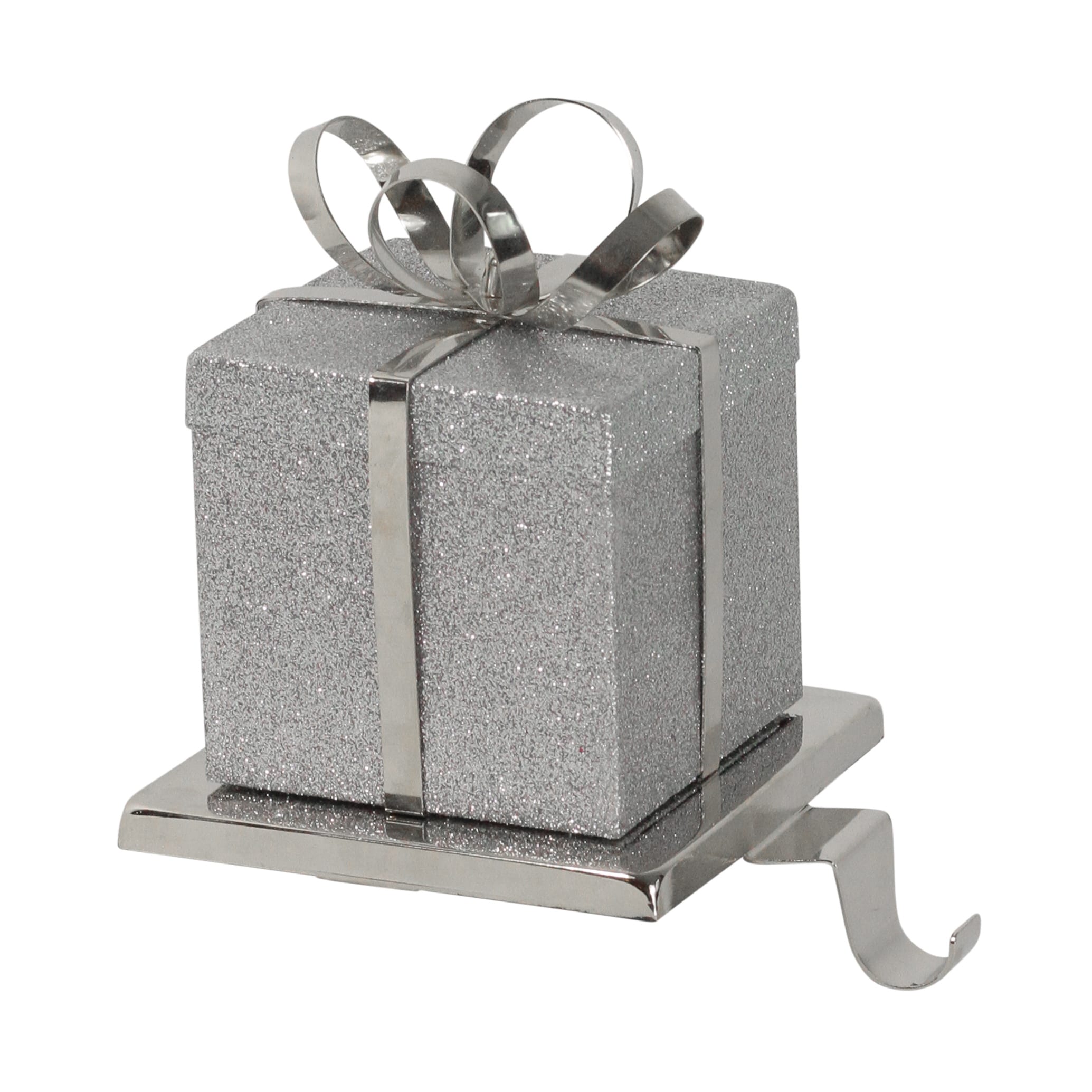 6 Silver Glittered Gift Box Shaped Christmas Stocking Holder