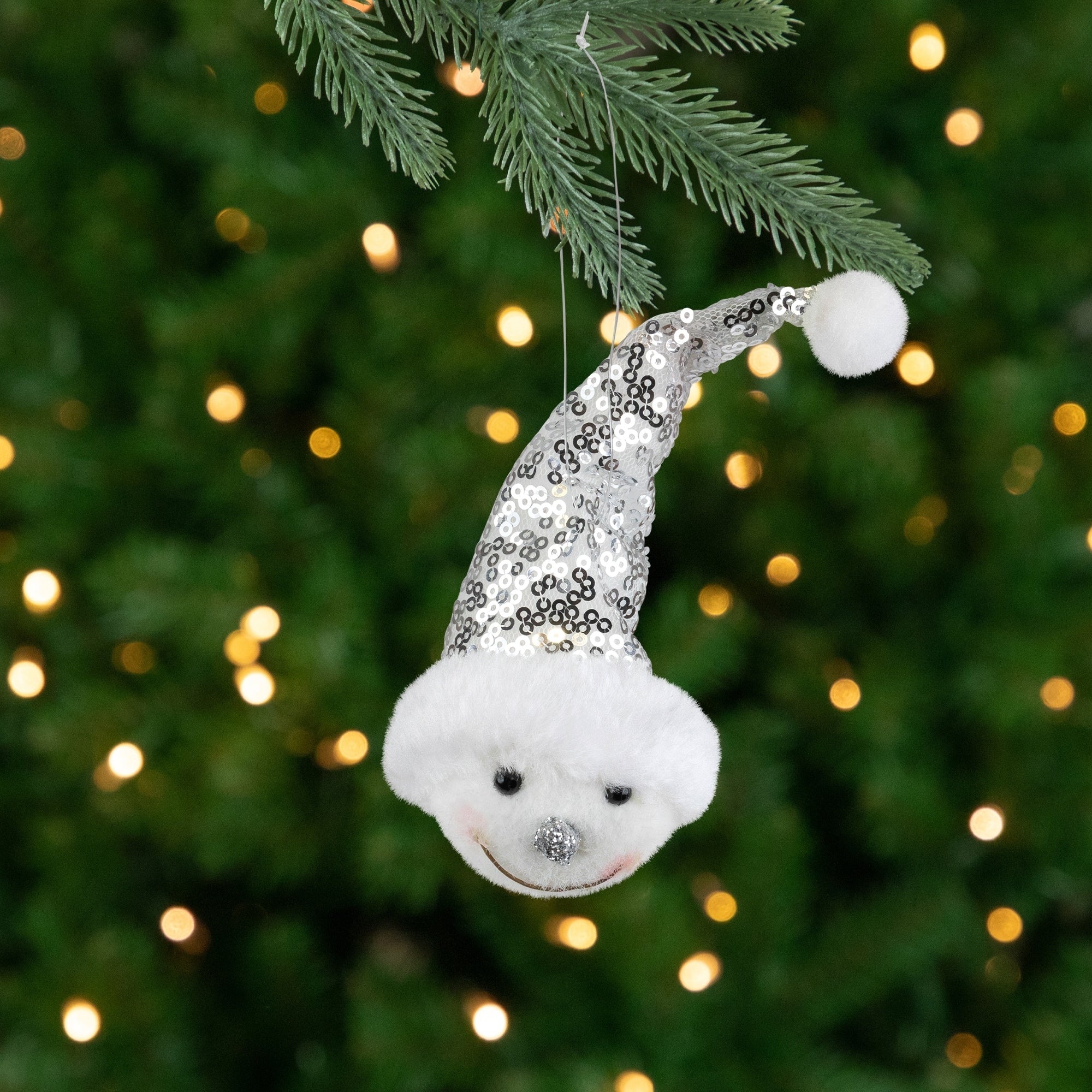 15 Smiling Snowman Head Wearing A Silver Sequin Santa Hat Christmas Ornament