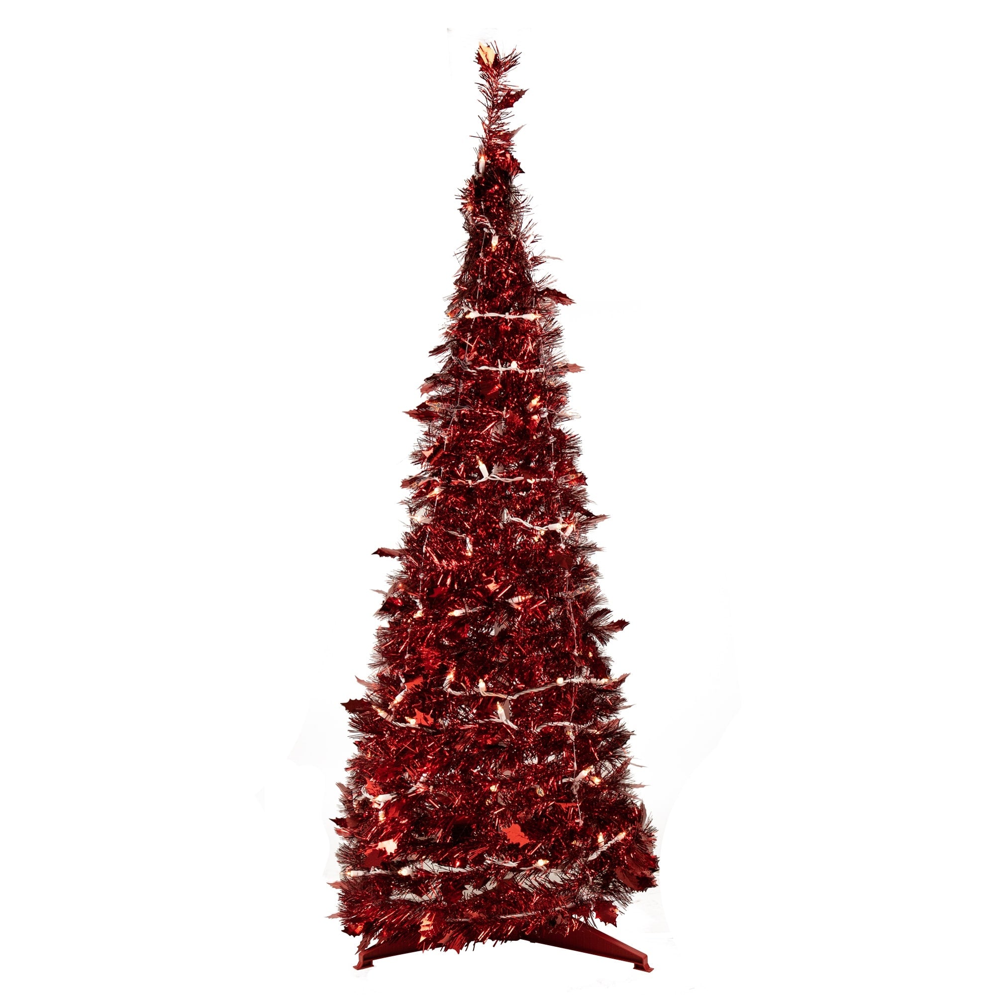 6 Pre Lit Red Tinsel Pop Up Artificial Christmas Tree Clear Lights