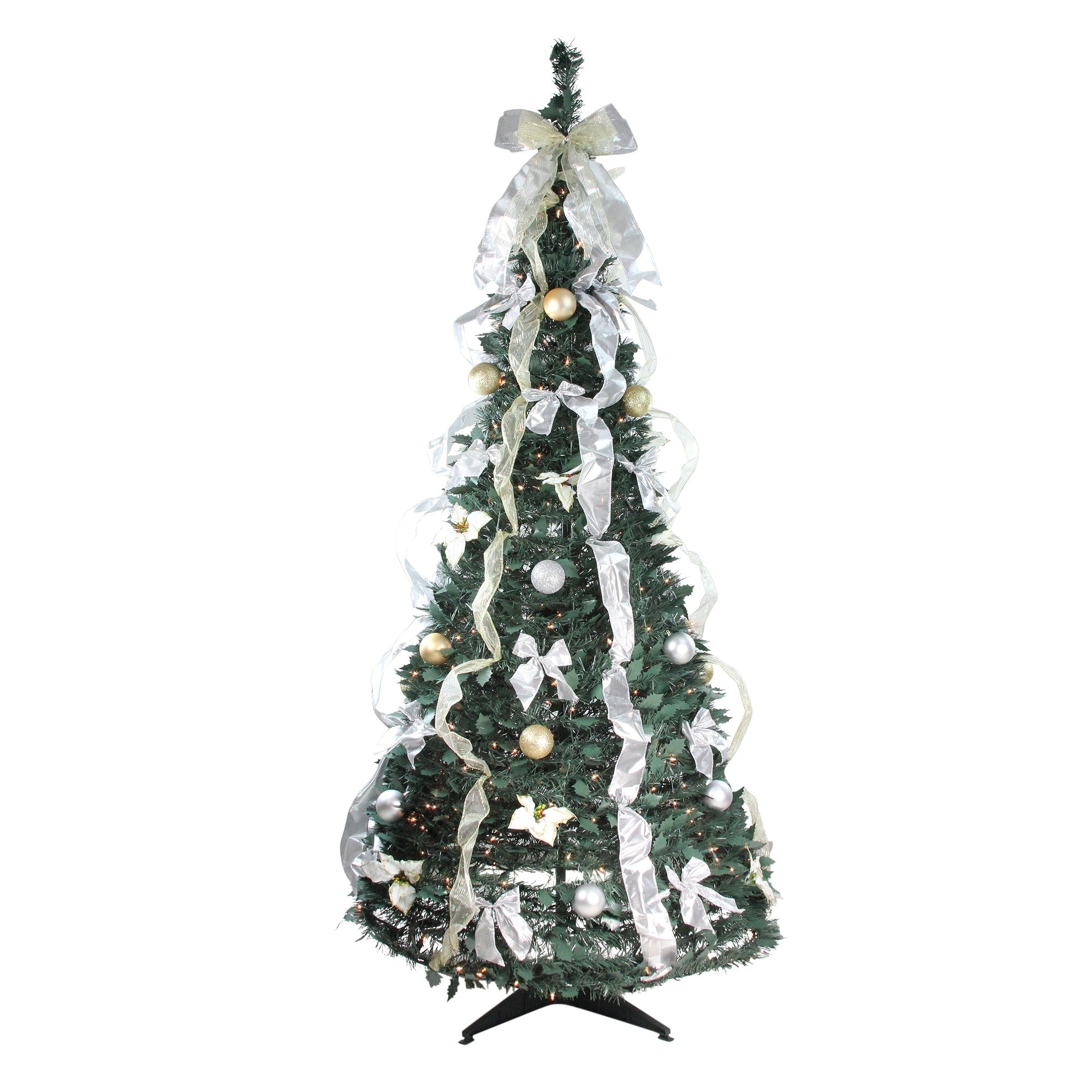 6 Pre Lit Silver And Gold Decorated Pop Up Artificial Christmas Tree Clear Lights