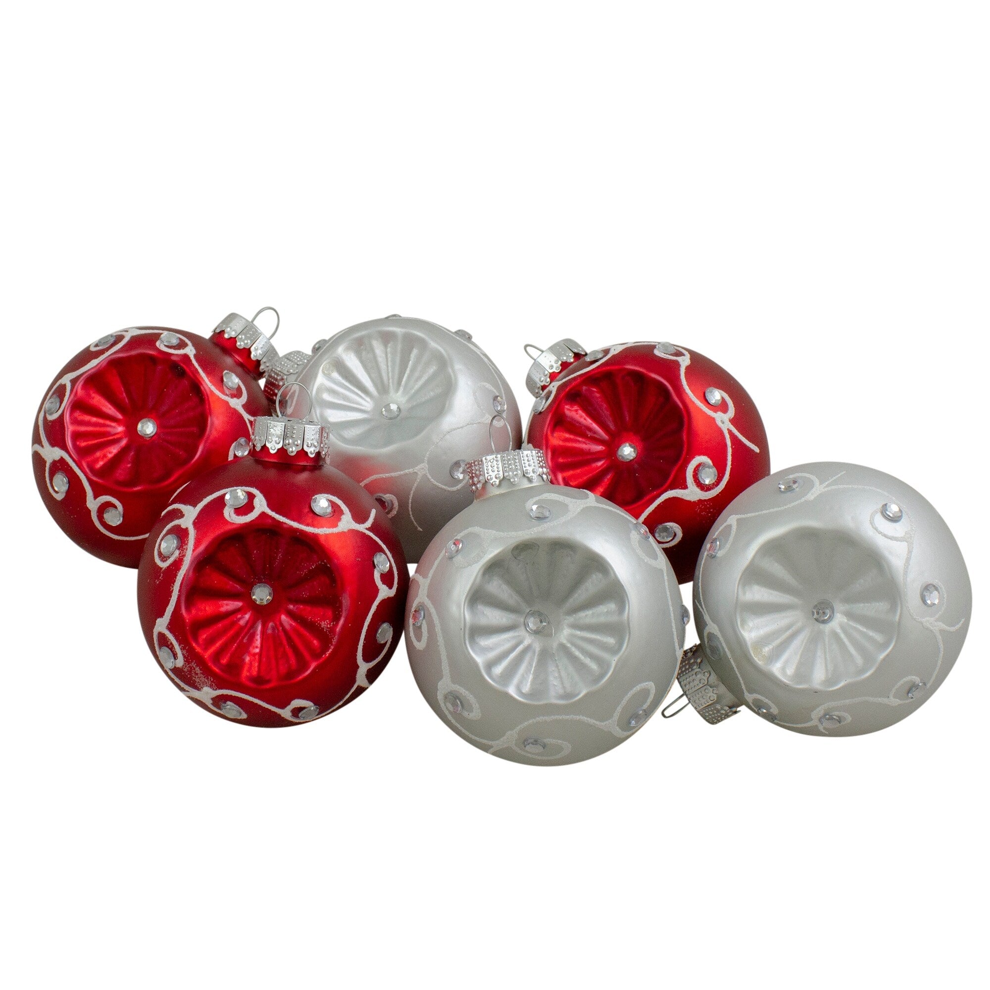 6Ct Red And Silver Retro Reflector Matte Glass Christmas Ball Ornament Set 2.75 70Mm N A