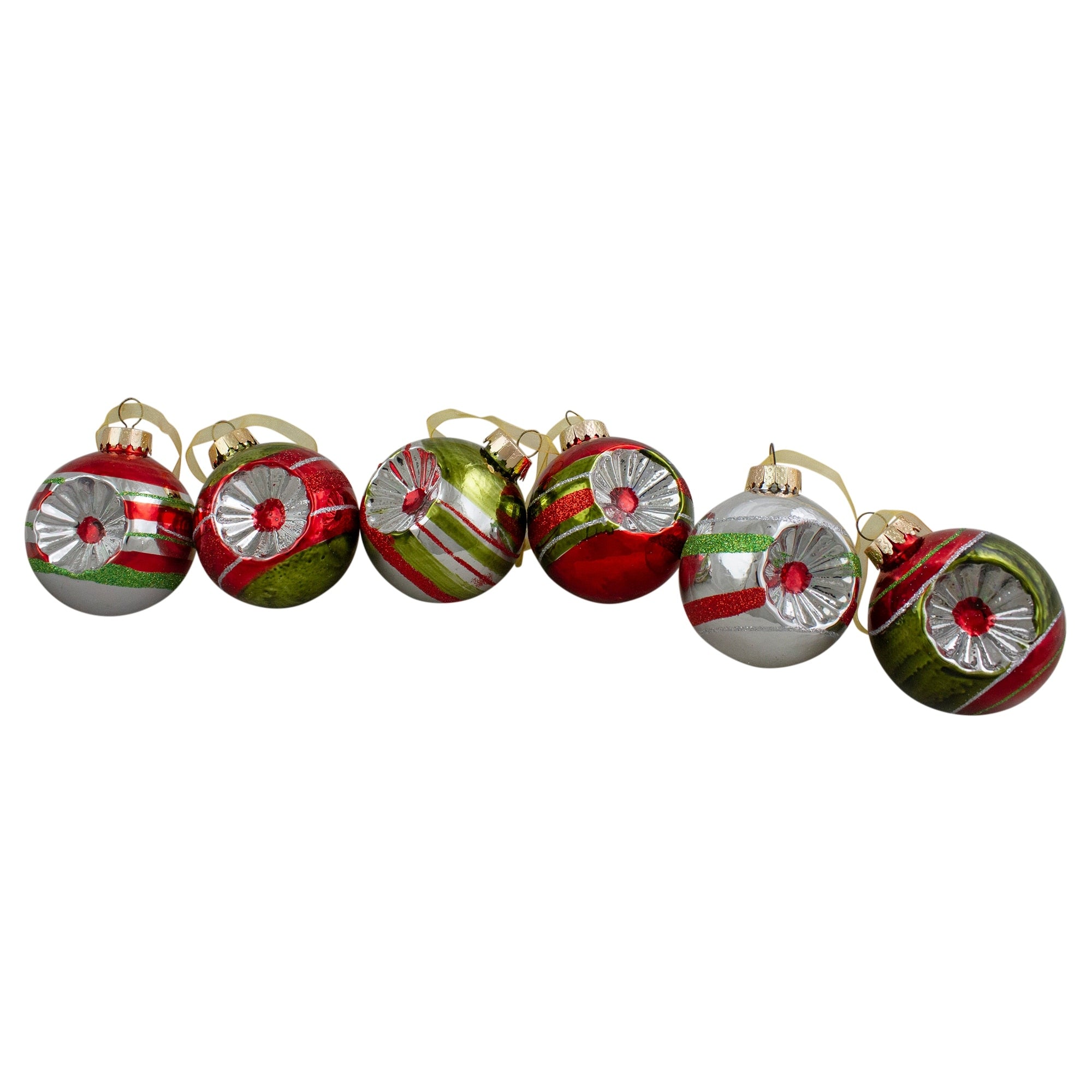 6Ct Shiny Silver Red And Green Retro Reflector Glitter Striped Christmas Ornaments 2.75 55Mm N A