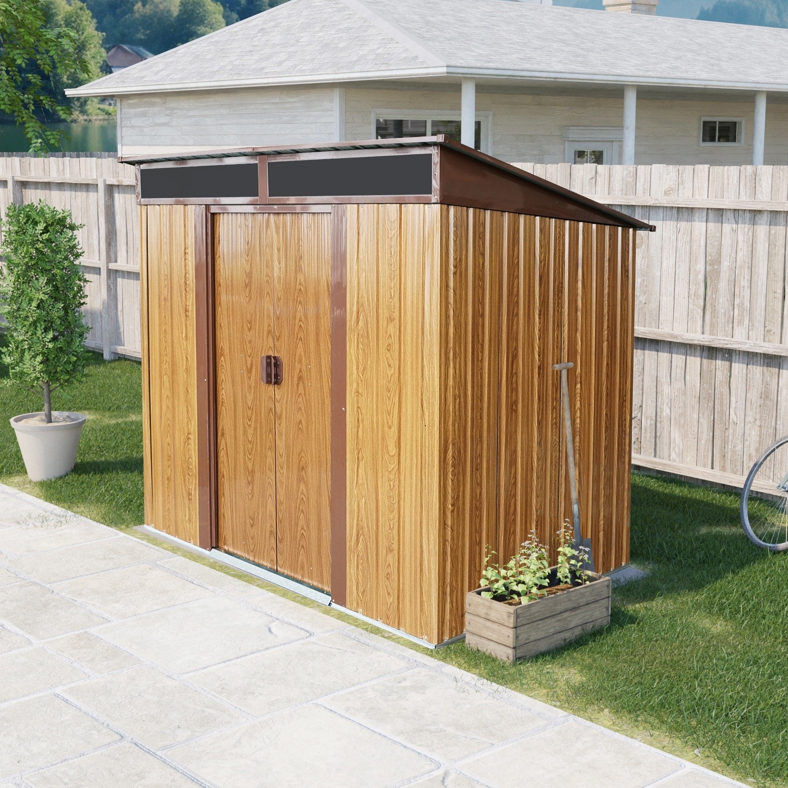 6Ft X 5Ft Outdoor Metal Storage With Transparent Plate And Foundation For Backyard Garden Patio Coffee