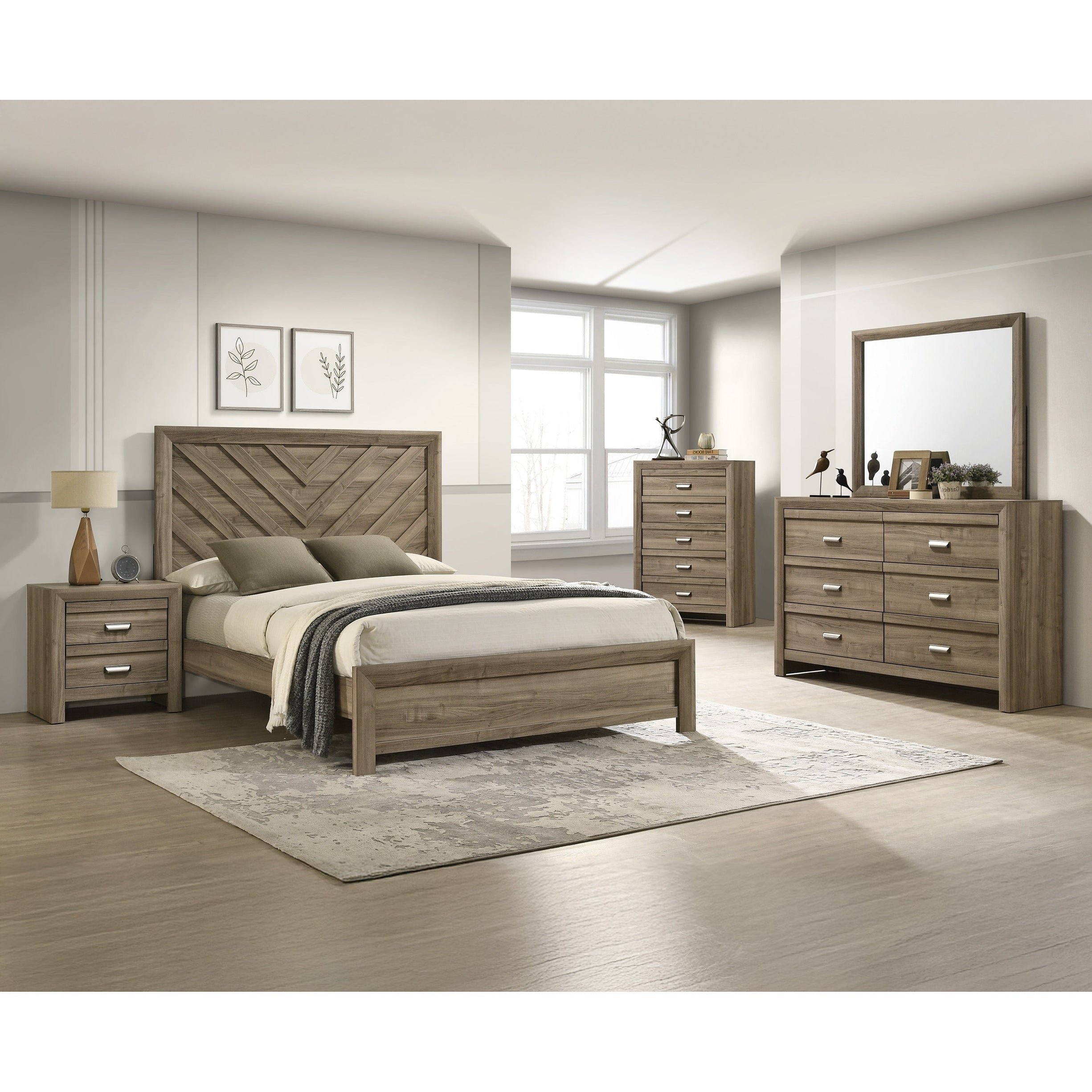 6Pc Contemporary Chevron Patterned Headboard Panel Bed Set Light Brown Finish Wooden Bedroom Furniture