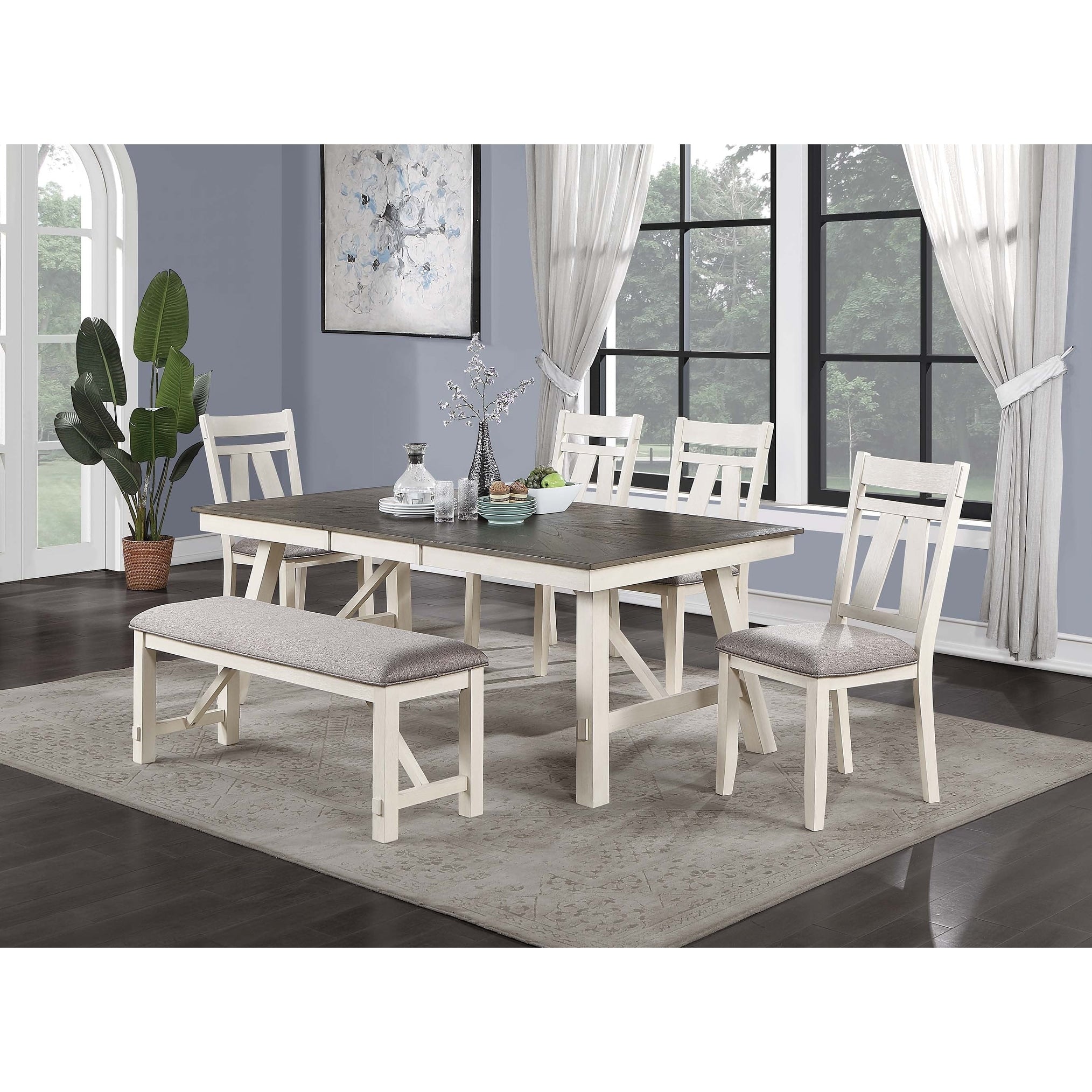 6Pc Contemporary Dining Set Built In Table Leaf White And Gray Finish